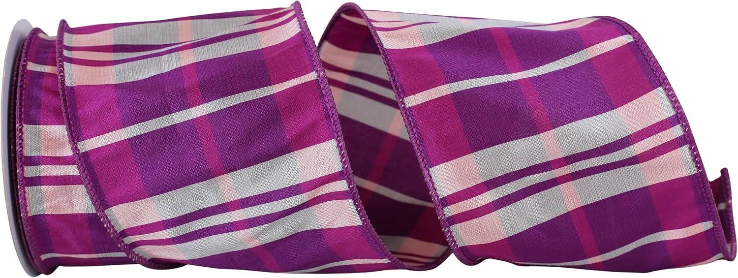 Reliant Ribbon Plaid Elegance Dupioni Wired Edge Ribbon, 4 Inch X 10 Yards, Purple