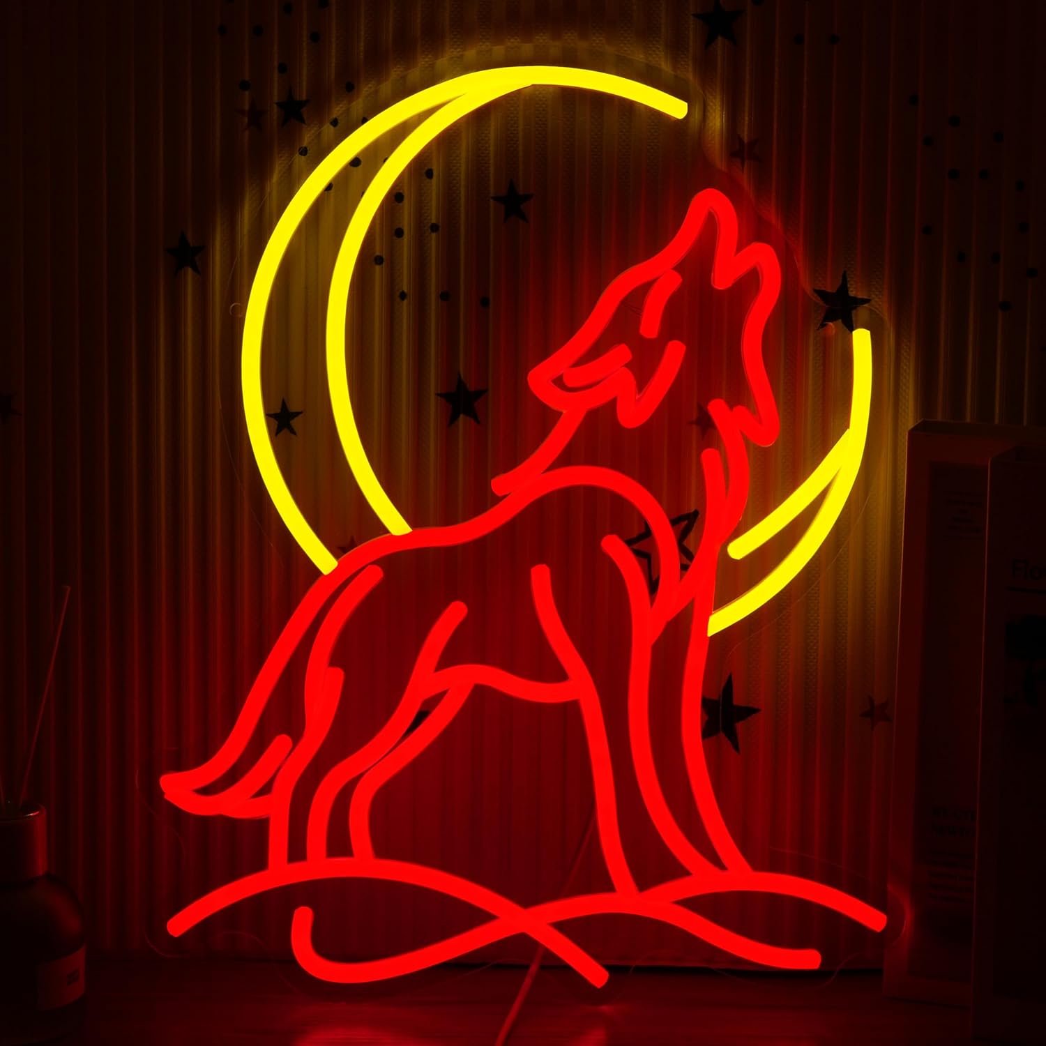 Wolf Moon Neon Sign for Wall Decor USB Powered Wolf Light Up Sign Yellow Dimmable Moon Neon Light for Room Cafe Pet Shop Gymnasium (12.6 * 15.75 in)
