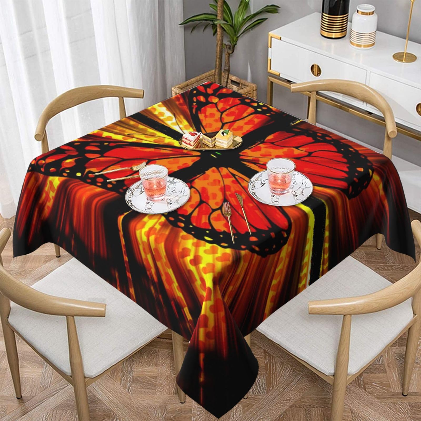 DCEHGEW Orange Butterfly Prints Square Tablecloth 152x152 CM, Waterproof Fabric Table Cloth for Dining Table, Farmhouse Table Cover for Kitchen Dining Tabletop Decoration