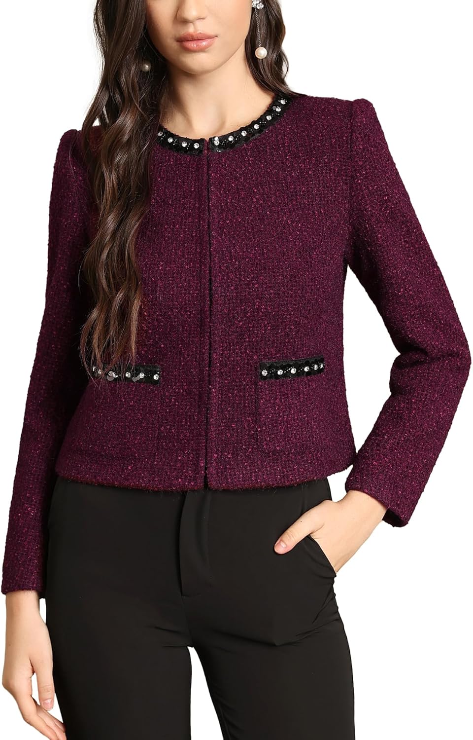 M.Infisavo Womens Sequin Crew Neck Tweed Jackets Blazer Party Business Casual Hooking Closure Outfit