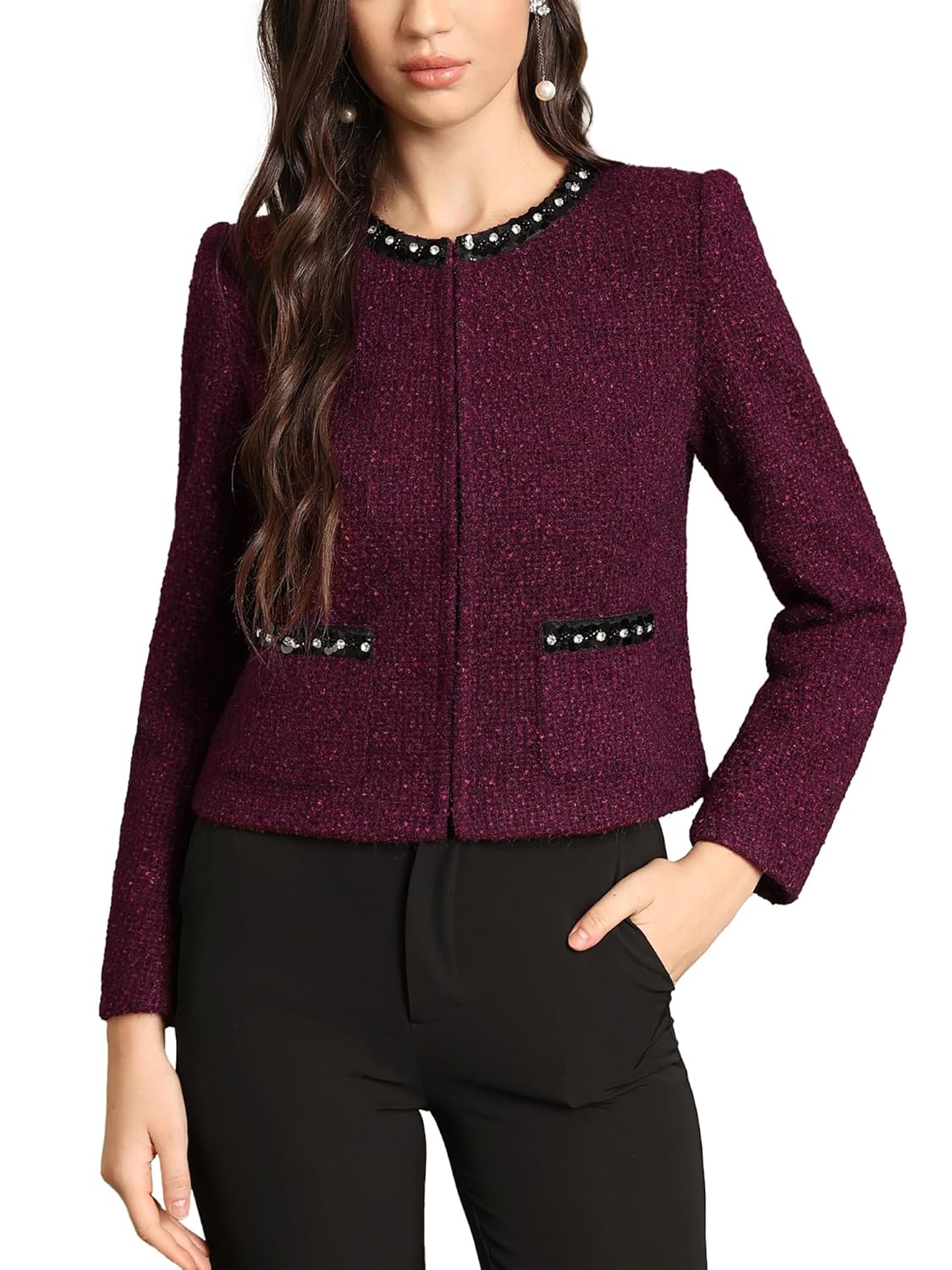 M Infisavo Womens Sequin Crew Neck Tweed Jackets Blazer Party Business Casual Hooking Closure Outfit