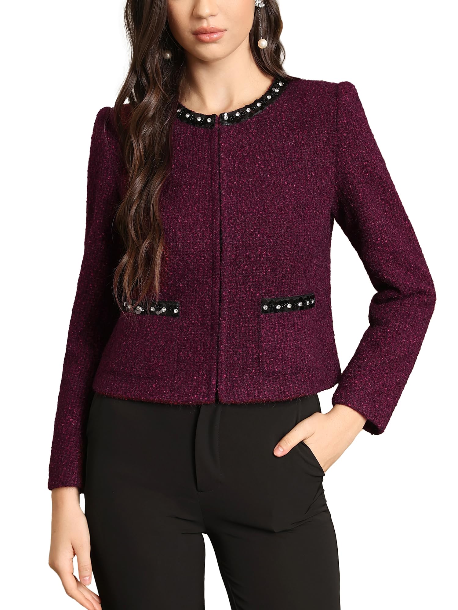 M Infisavo Womens Sequin Crew Neck Tweed Jackets Blazer Party Business Casual Hooking Closure Outfit