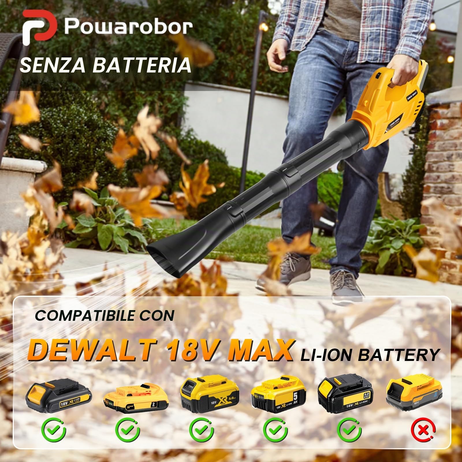 Powarobor Soffiatore per fogliame a batteria DEWALT 18 V XR MAX (20000 giri/min,9 m³/min,6 livelli,funzione di blocco,tracolla senza batteria, ideale per giardino e cortile, foglie autunnali