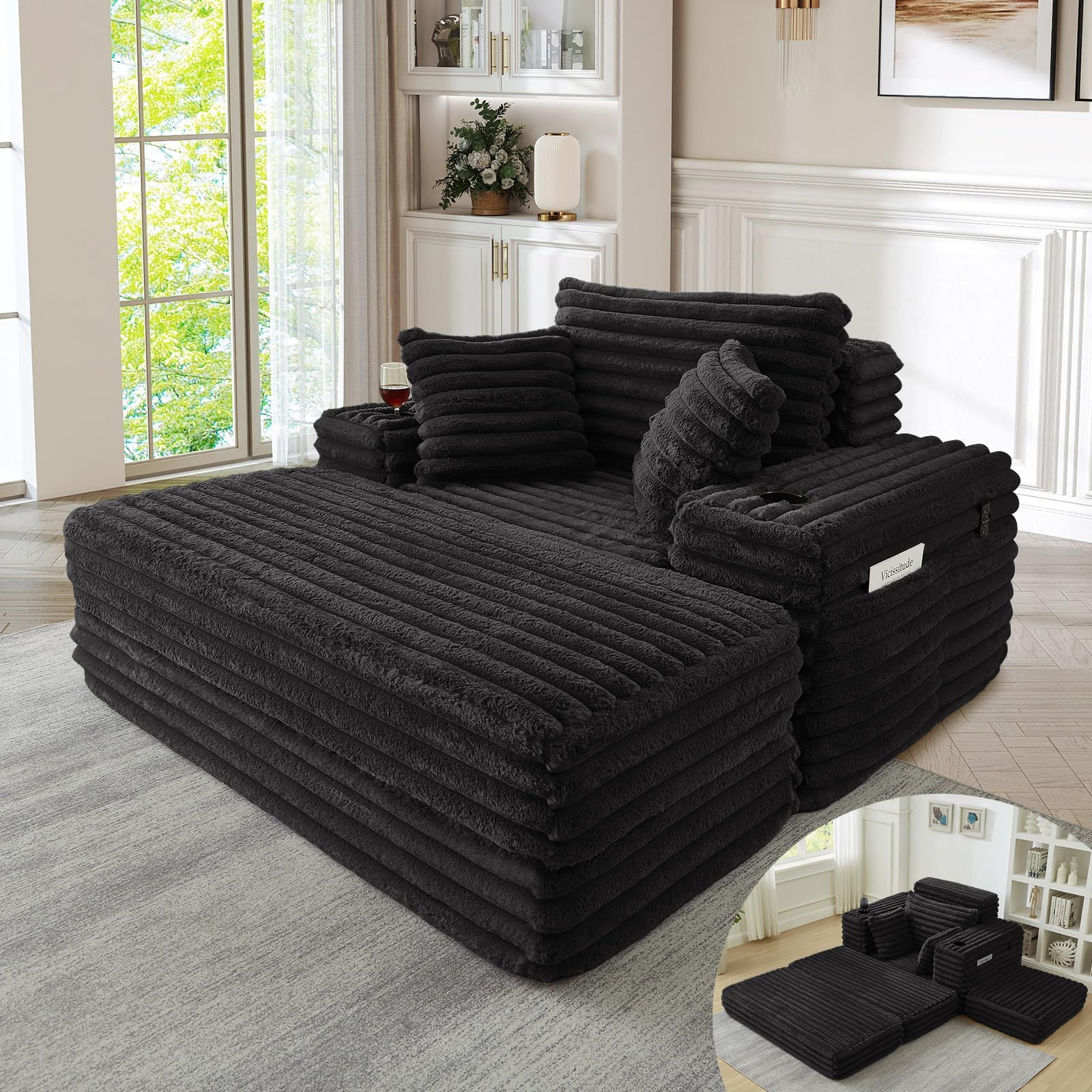 Antetek Boneless Faux Fur Chaise Lounge Chair Indoor, 54-inch 4-in-1 Folding Convertible Sofa Bed w/Cup Holders & Storage Pockets, Modern Cozy Reading Accent Chair for Living Room, No Assembly, Black