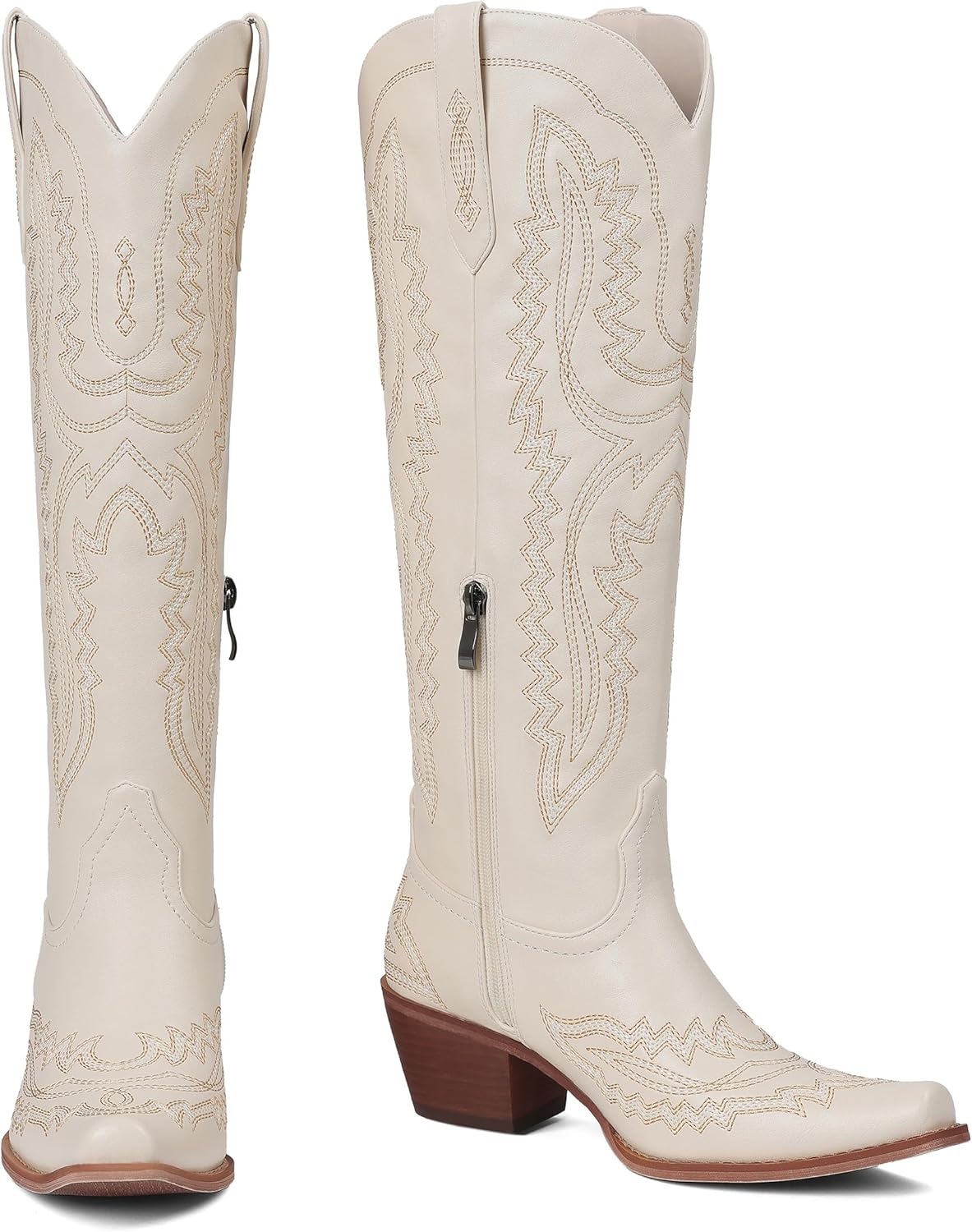 CELNEPHO Cowboy Boots For Women Knee High Western Boots With Classic Embroidered Chunky Heel Slip On Zipper Square Toe Fashion Cowgirl Tall Boots For Women