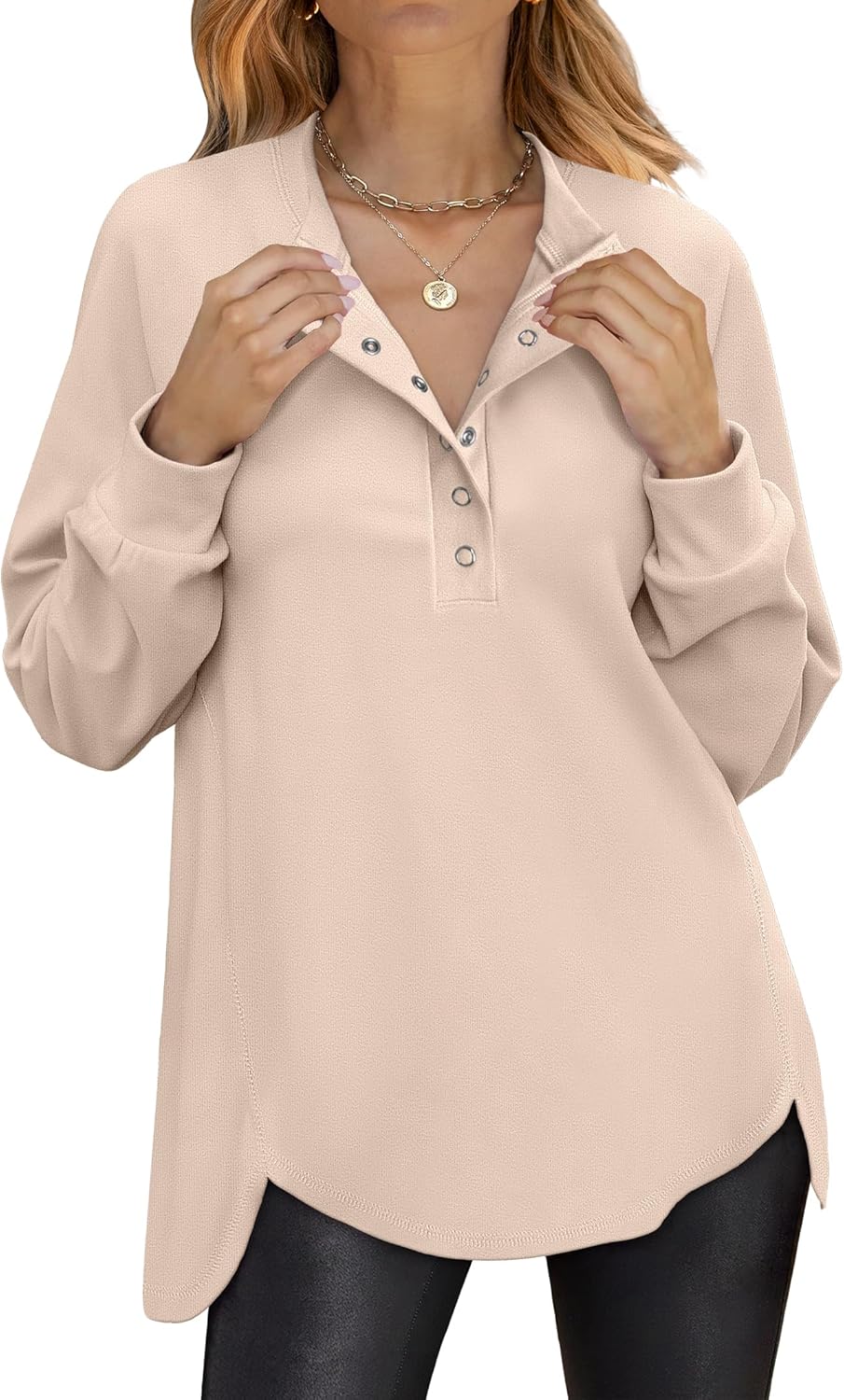 ANRABESS Women's Long Sleeve Henley Tops Tunic Sweatshirt Loose Slit Casual Button Shirts Pullover 2025 Fall Winter Outfits