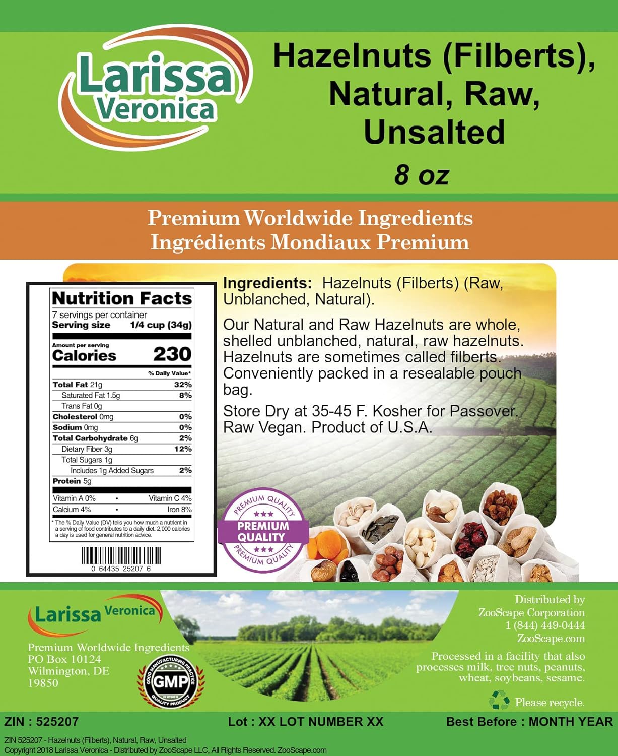 Hazelnuts (Filberts), Natural, Raw, Unsalted (8 oz, ZIN: 525207) - 3 Pack