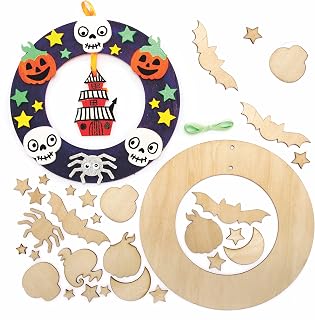 Baker Ross FE756 Halloween Wooden Wreath Kits - Pack of 2, Wreath Ring to Decorate and Display, Wood Crafts for Kids, Make Your Own Halloween Decorations