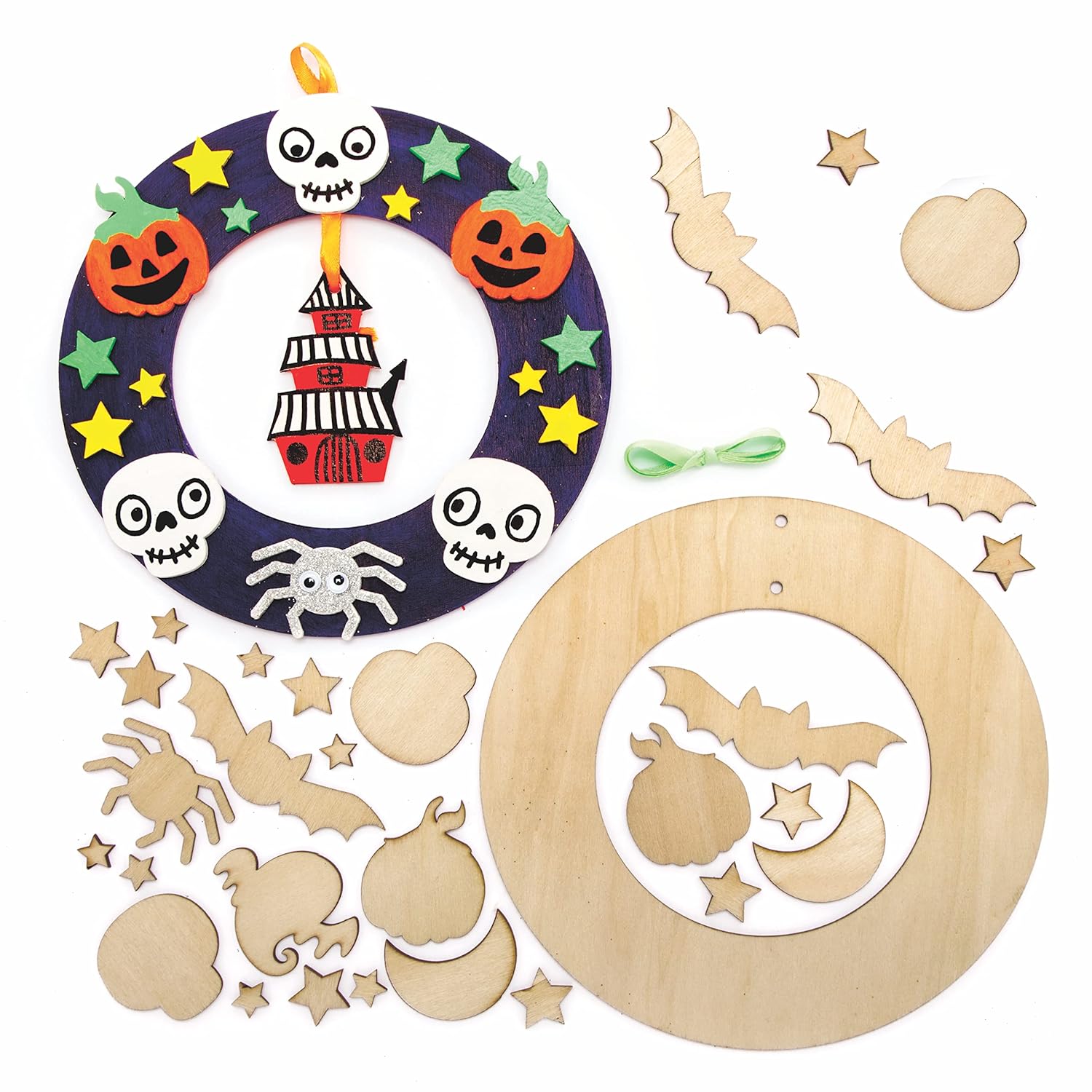 Baker Ross FE756 Halloween Wooden Wreath Kits - Pack of 2, Wreath Ring to Decorate and Display, Wood Crafts for Kids, Make Your Own Halloween Decorations