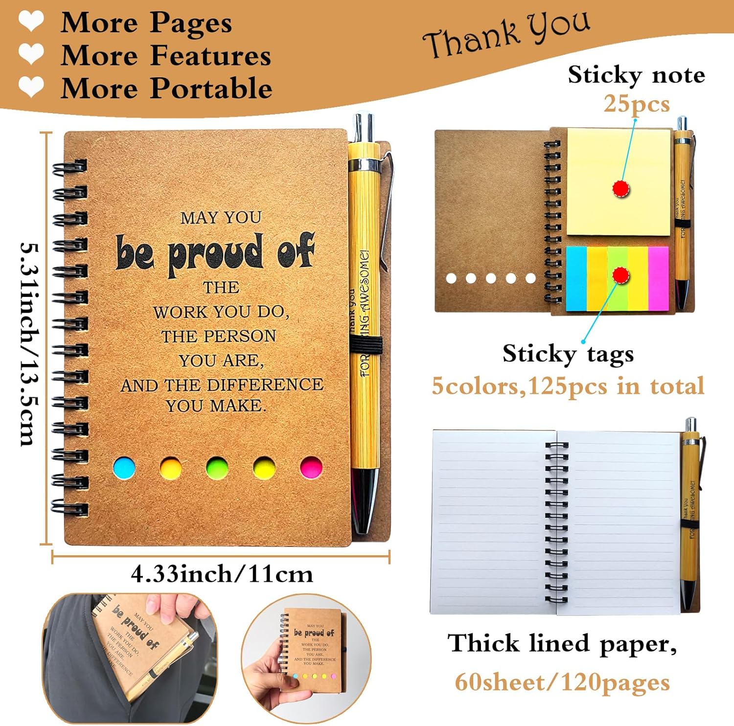 2026 Inspirational Spiral Notebook 10 Sets Portable Employee Appreciation Gifts Bulk Journals with Sticky Note Pen for Teachers Students Friends Colleagues Volunteer Nurse and Family Thank You Gifts - Image 2