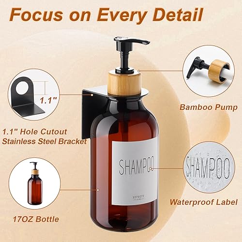 Miniatura 4 de VITVITI Shampoo and Conditioner Dispenser, Body Wash Shower Soap Dispenser Wall Mounted 3 Chamber, Drill Free 17oz Plastic Shower Bottles for