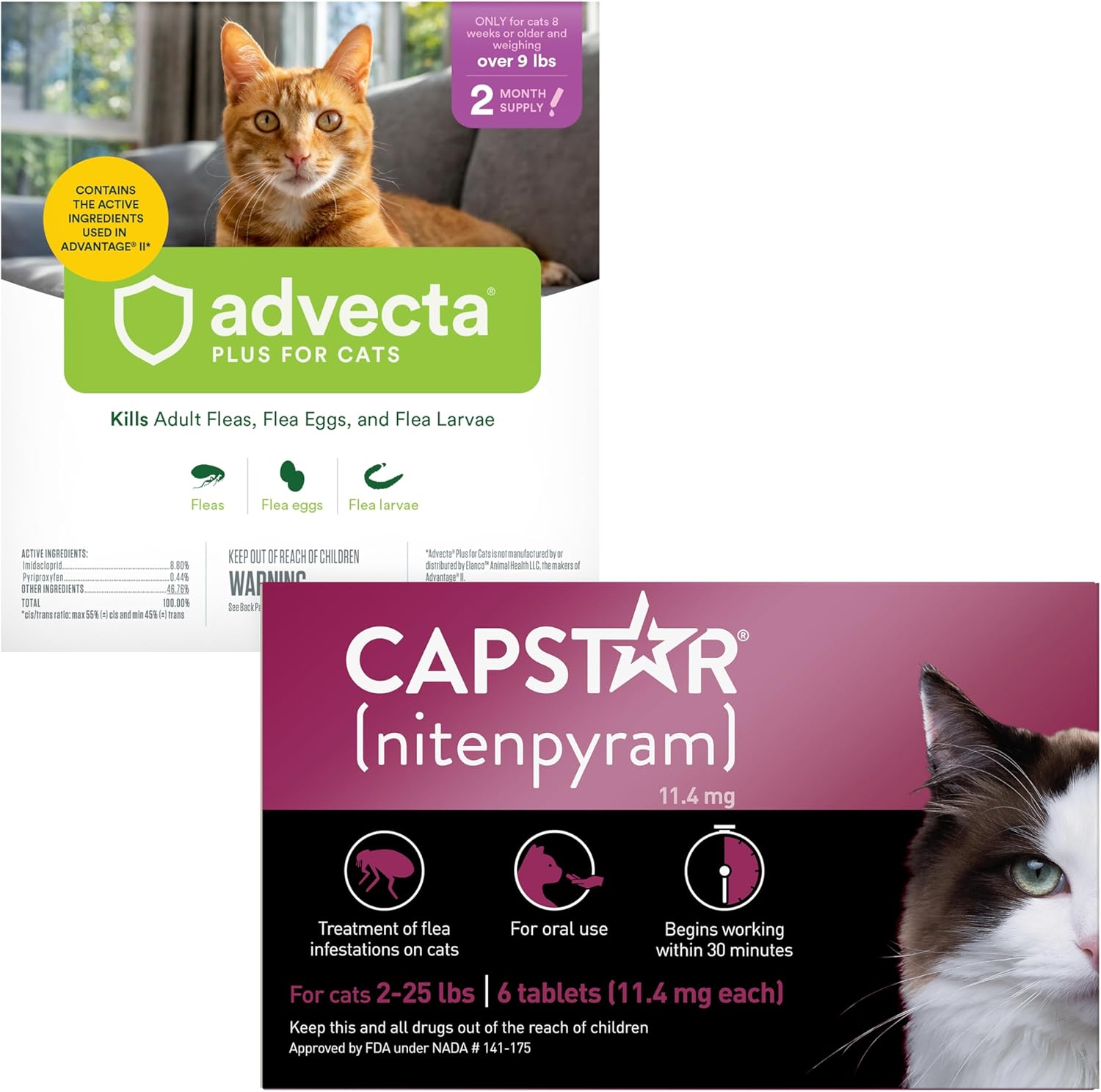 ADVECTA Flea Prevention for Large Cats Over 9 lbs (2 Doses) + CAPSTAR Flea Treatment for Cats 2-25 lbs (6 Doses) Bundle
