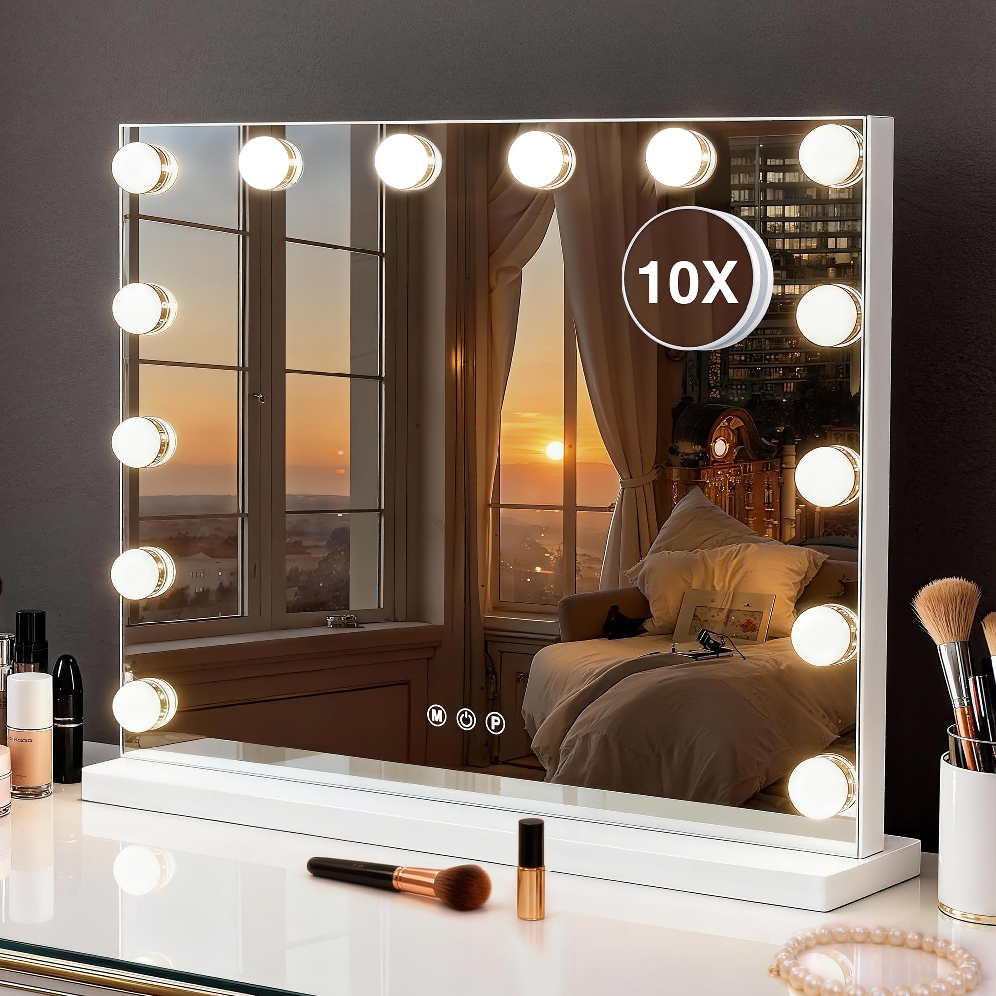 Miroir cosmétique Hollywood avec 3 Modes de Couleur, Miroir cosmétique éclairé avec Lampes LED à intensité Variable et grossissement 10x pour Bureau (52 cm x 40 cm)