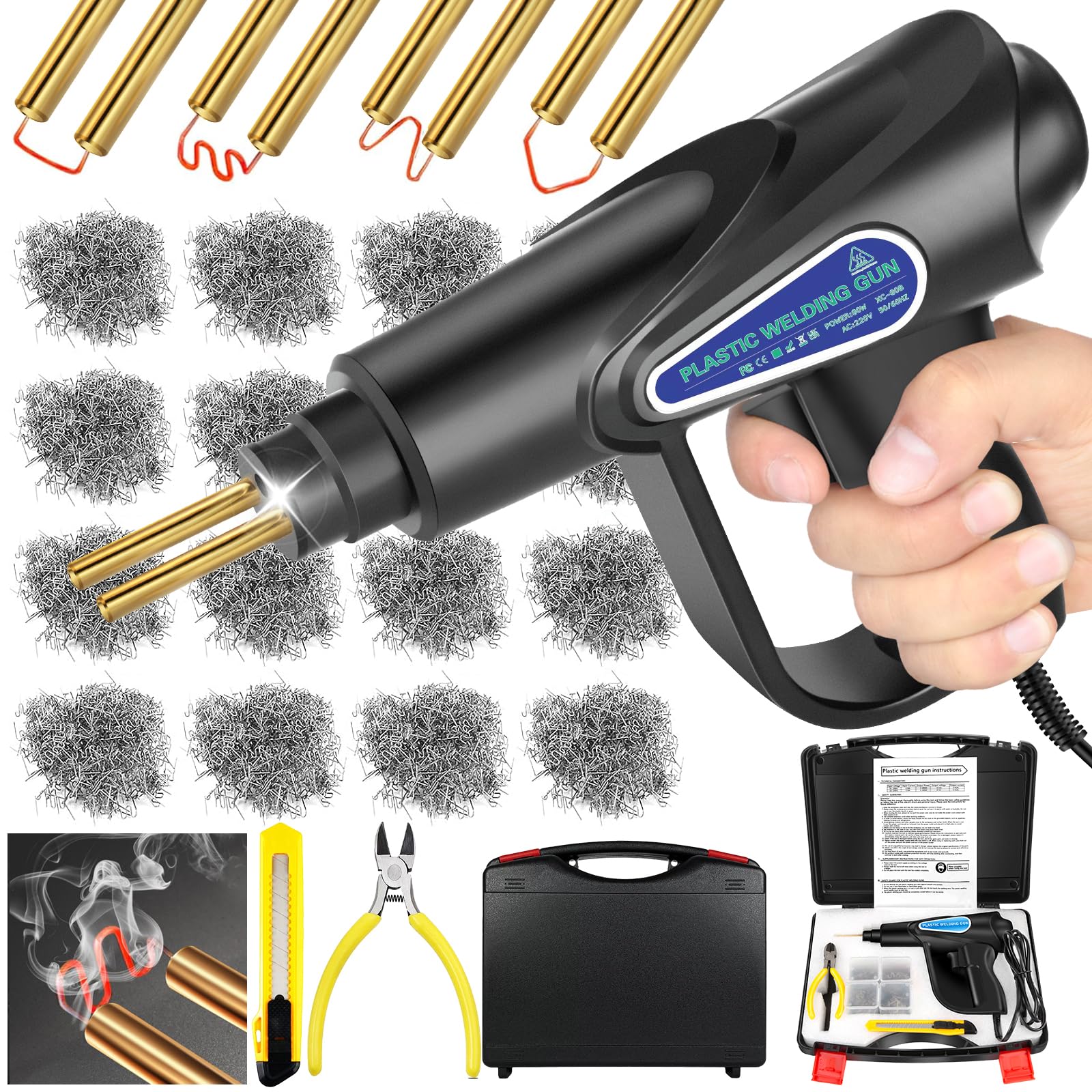UCAMP Soudage Plastique,Soudure Plastique 80W,Kit Reparation Plastique avec 6 types de chevilles à souder 900 pièces,Soudeuse Plastique pour pare - chocs/pièces automobiles/Kayak/canoë