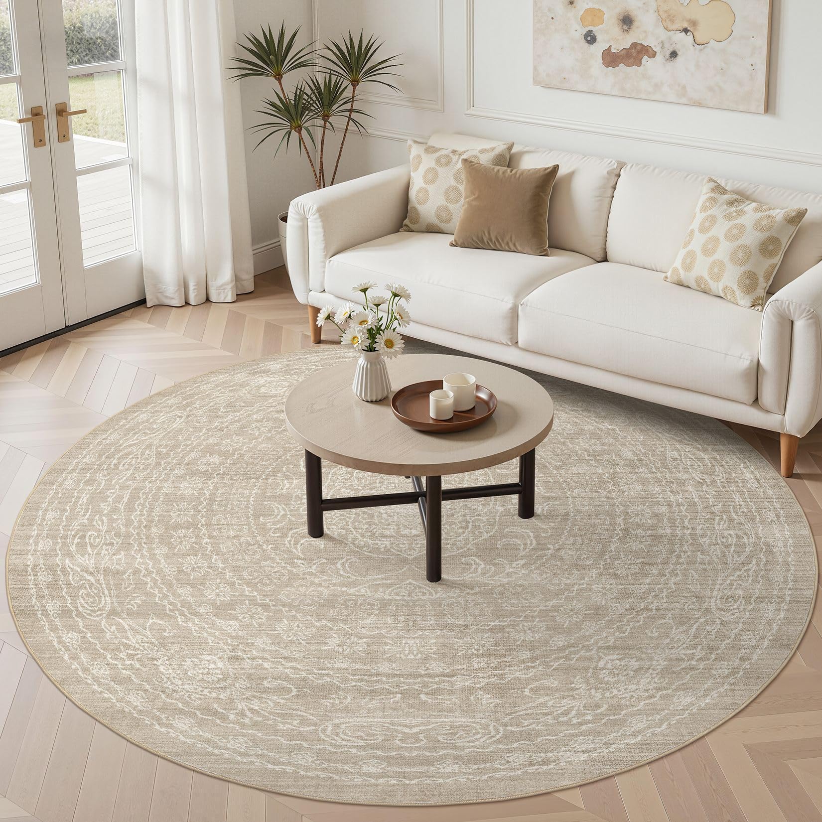 5x7 Area Rugs Living Room: Washable Large Vintage Beige Rug Neutral Non-Slip Soft Stain Resistant Indoor Carpet for Bedroom Nursery Dining Room Under Table Bed Home House Office Playroom — view 21