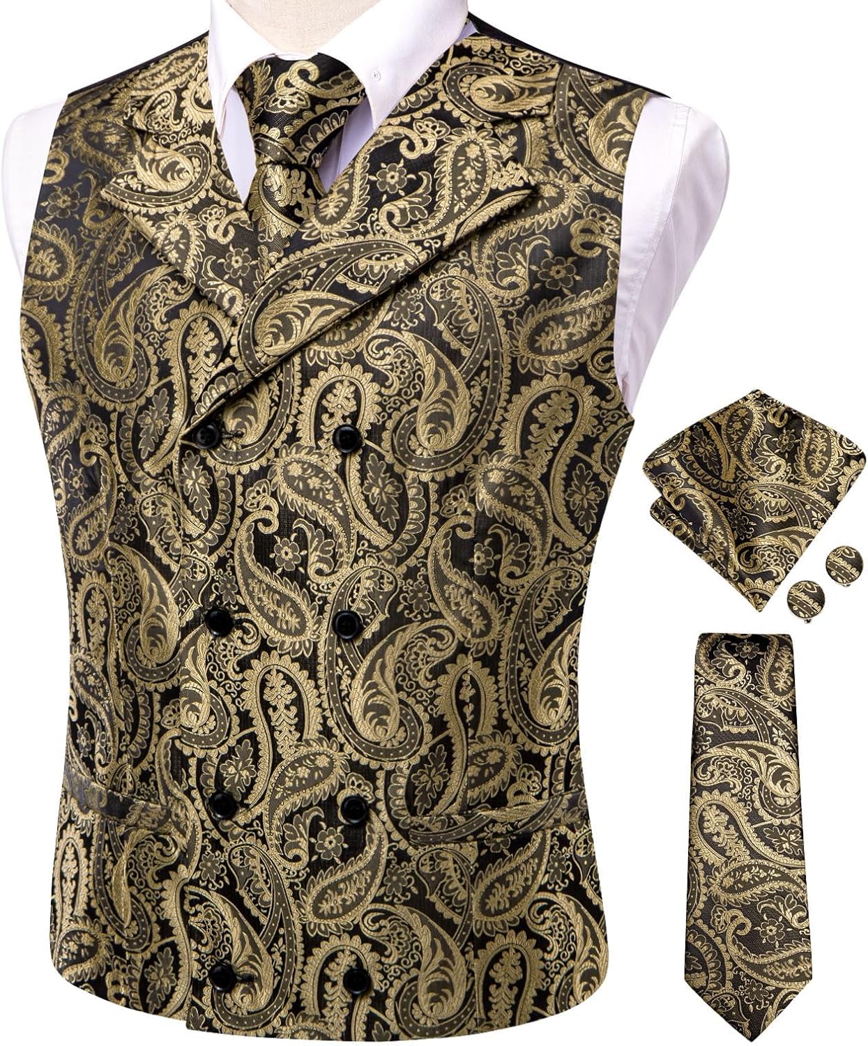 Hi-Tie Mens Silk Paisley Victorian Suit Vests Tie Set Lapel Pin Gold Tie Clip Double Breasted Steampunk Tuxedo Waistcoat - Image 4