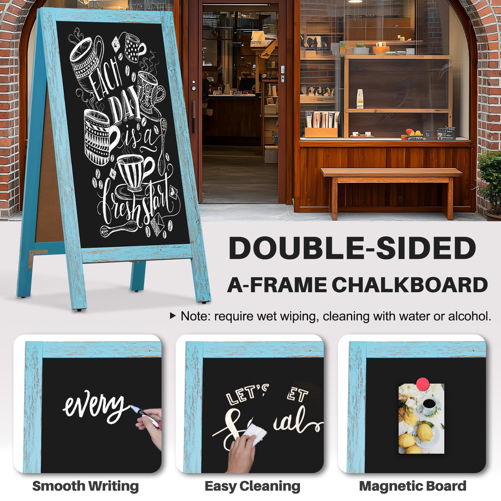 4 THOUGHT A-Frame - Pizarra magnética para acera, 40 x 20 pulgadas, tablero sándwich de madera rústica de doble cara independiente para exteriores, caballete publicitario para restaurante, cafetería,