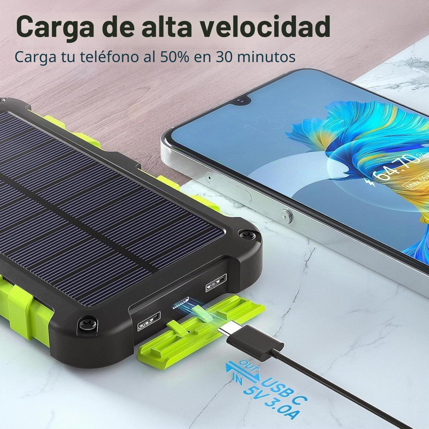 TOENNESEN Cargador Solar 26800 mAh Power Bank Solar, Bateria Externa con Carga Rápida 15 W Impermeable IPX4 2 Puertos USB + Linterna LED Compatible con Smartphones Tablets Camping y Emergencias