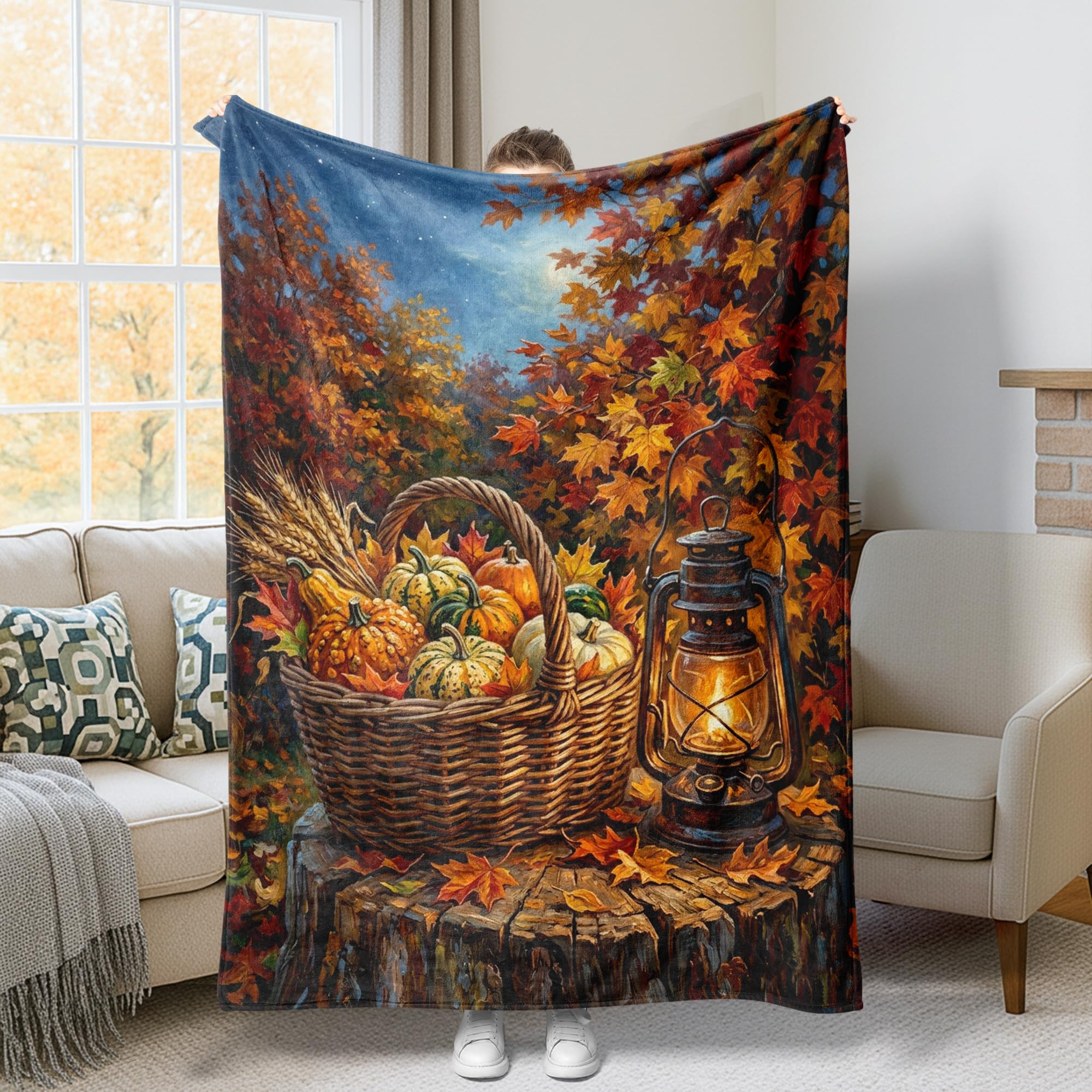 Jeté de lit citrouilles orange pour cocooning au salon sur le canapé 152x203 cm