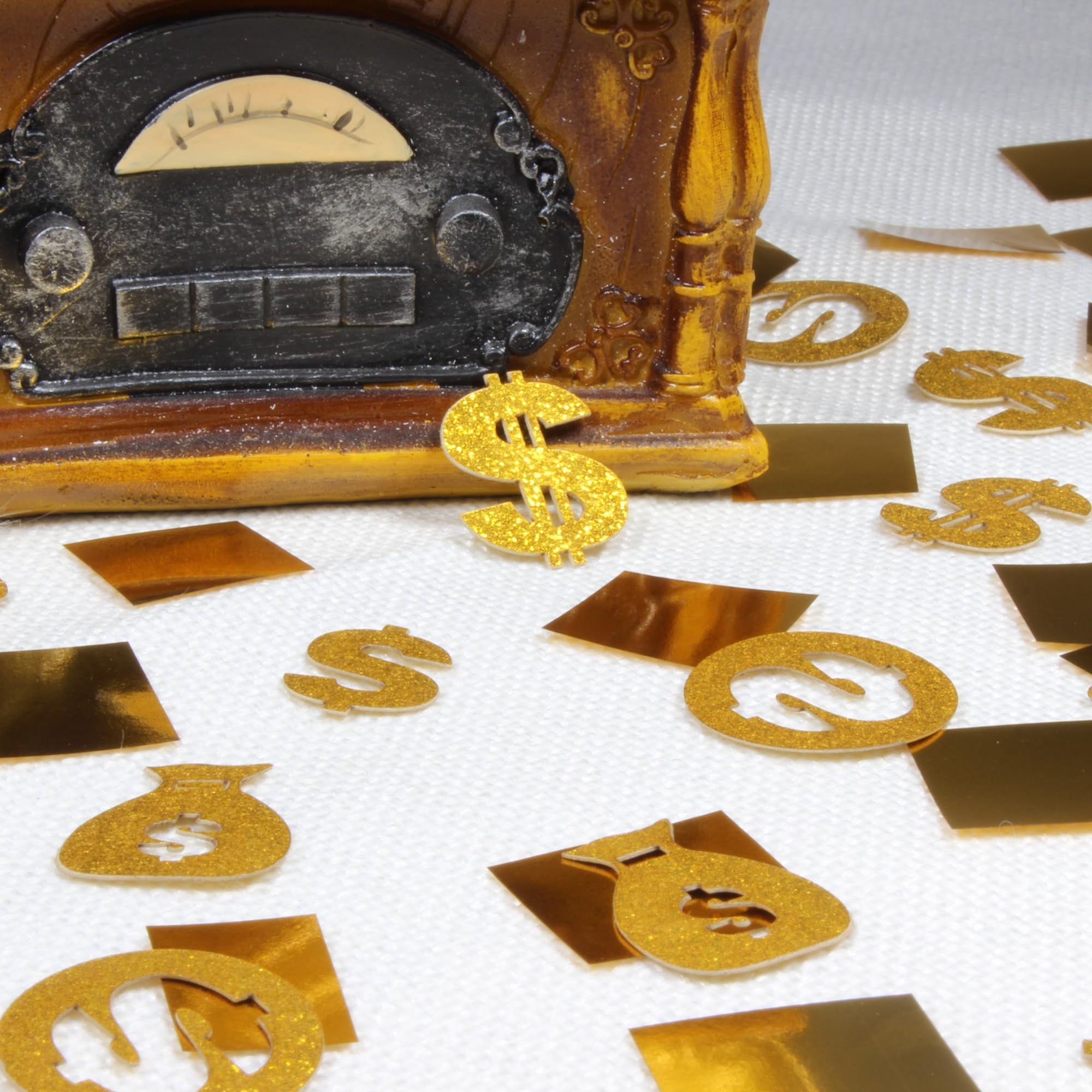 Dollarzeichen-Konfetti Gold – 90 Stück + 10 G Glitzerkonfetti, Für Casino-Party, Geld-Motto-Deko