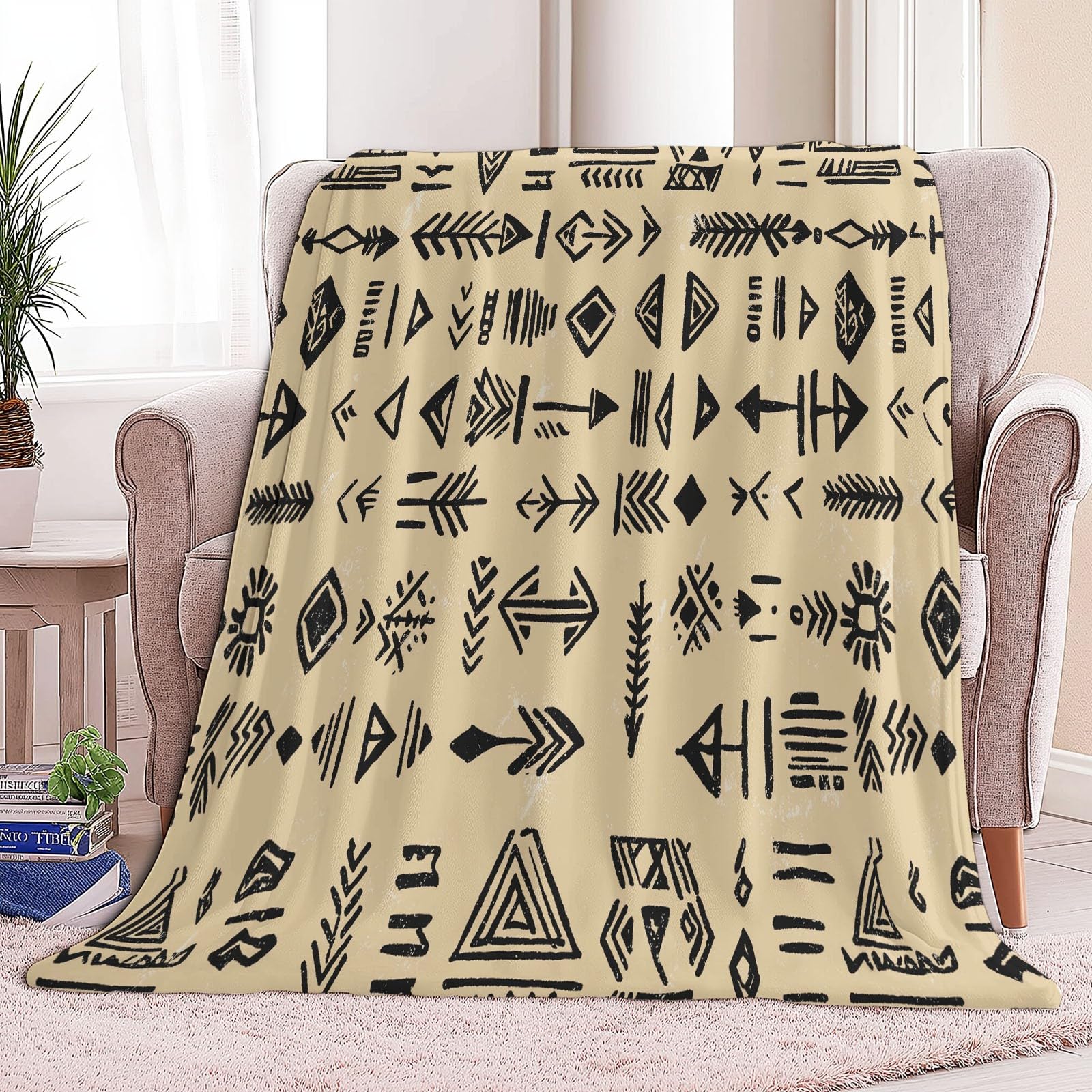 Podwójny koc polarowy kremowy, retro symbol plemienny, logo, nie gubi włosia, miękki, ciepły, narzuta na sofę, dwustronne narzuty na łóżko, sofę, kanapę
