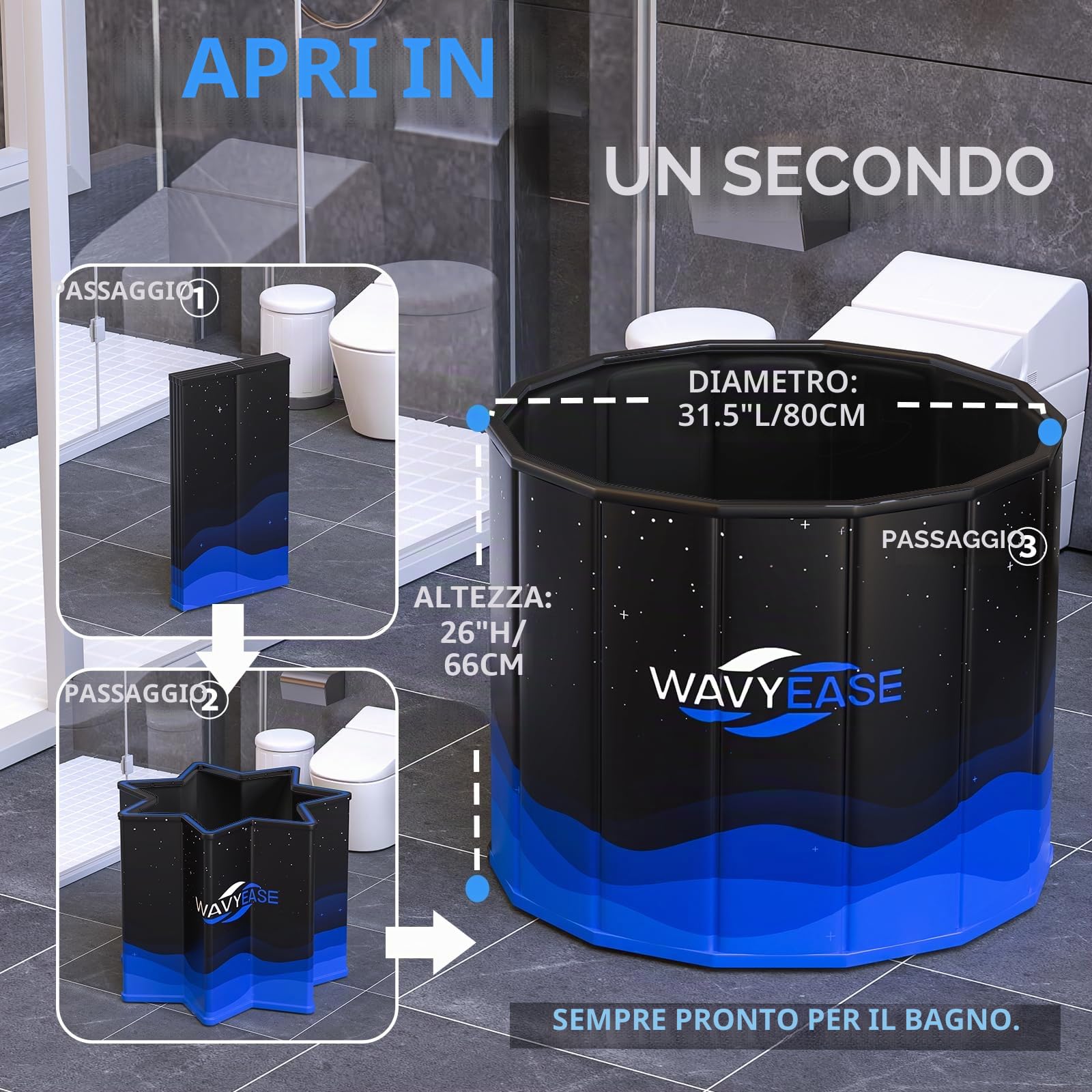 WAVYEASE Vasca Portatile e Pieghevole | Doppio Uso: Crioterapia & Idromassaggio | Bagno Ghiaccio e Immersione Fredda | 80x66 cm | per Interni ed Esterni (Nero)