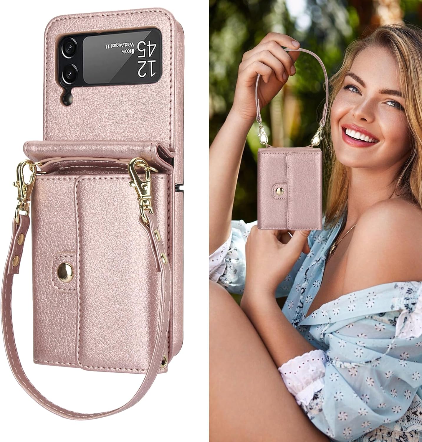 Phone Case for Samsung Galaxy Z Flip 4 5G 2022 Wallet Cover with Crossbody Wrist Strap Lanyard Credit Card Holder Slot Stand RFID Blocking Cell leather ZFlip4 Z4 Flip4 4Z Women Men Girls Rose Gold