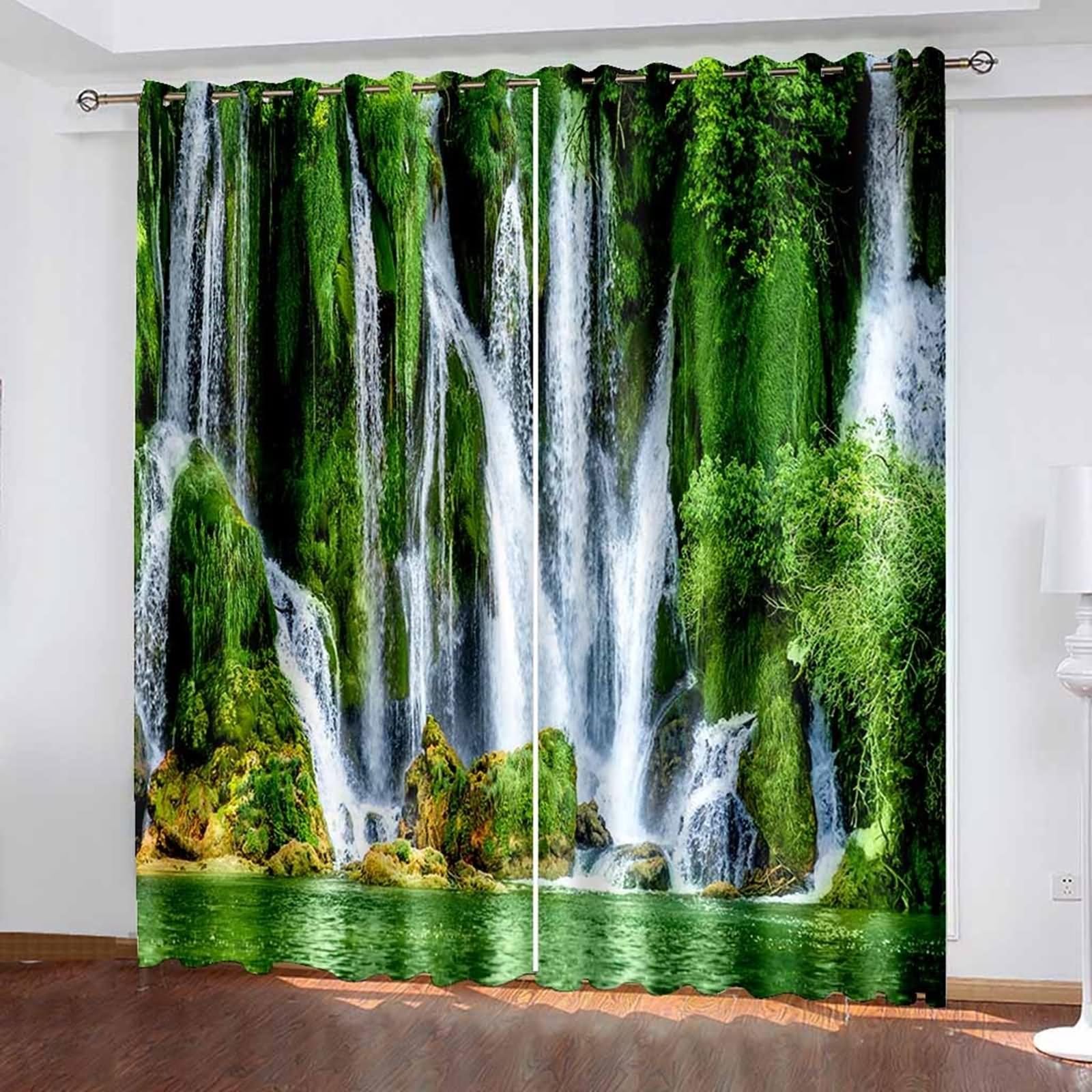 Vorhang Verdunkelung Reise, Küchengardinen Winter Grün Weiß Wasserfall Naturlandschaft Polyester 2er Set 488x274cm