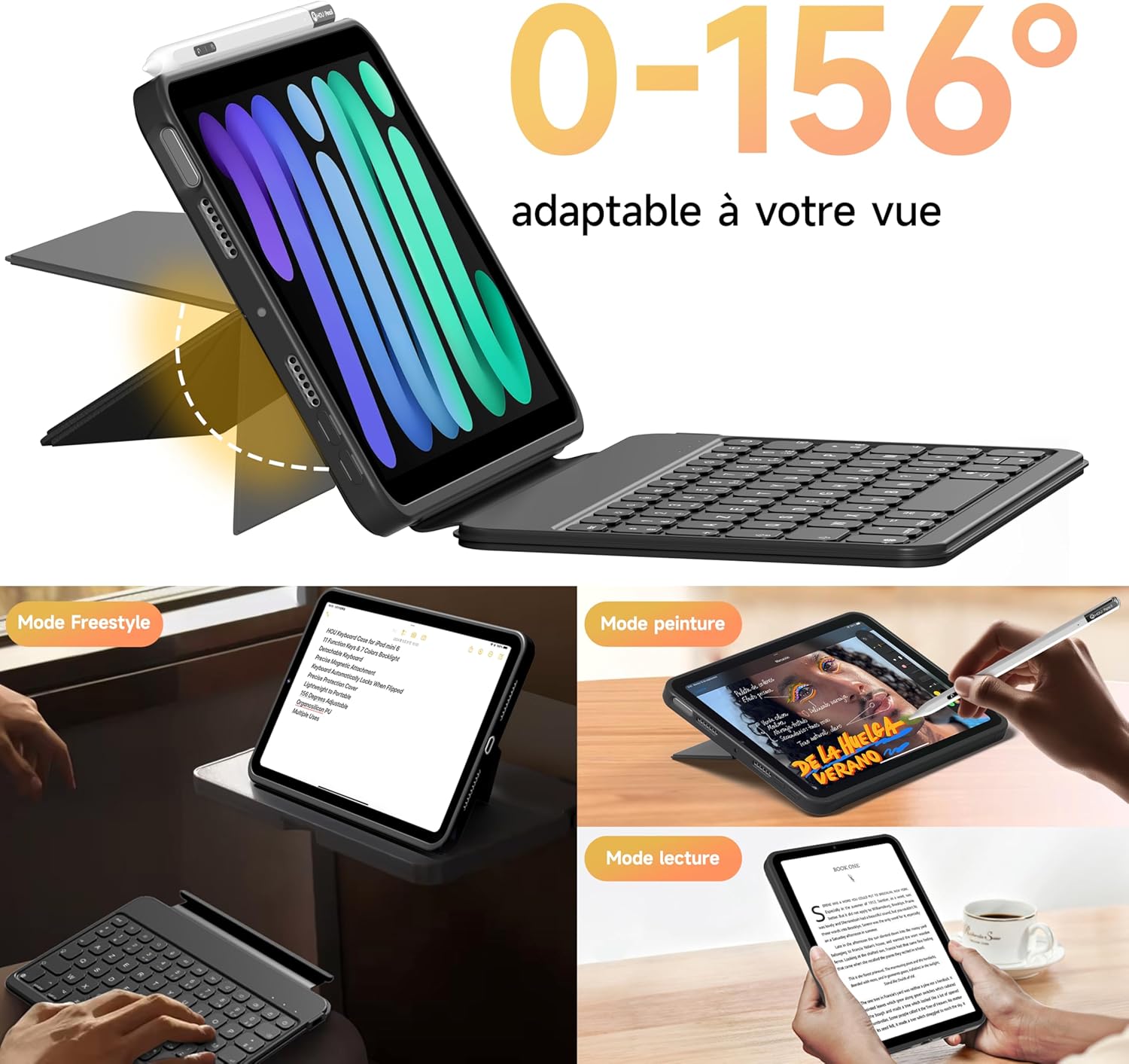 HOU Keyboard Case demonstrating 0-156 degree adjustable viewing angles and multiple modes