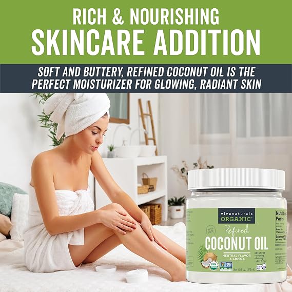 Viva Naturals Refined Coconut Oil, 16 fl oz Expeller-Pressed, USDA Organic, Neutral Flavor & Aroma, Ideal for Cooking, Baking, Hair & Skin Moisturizer
