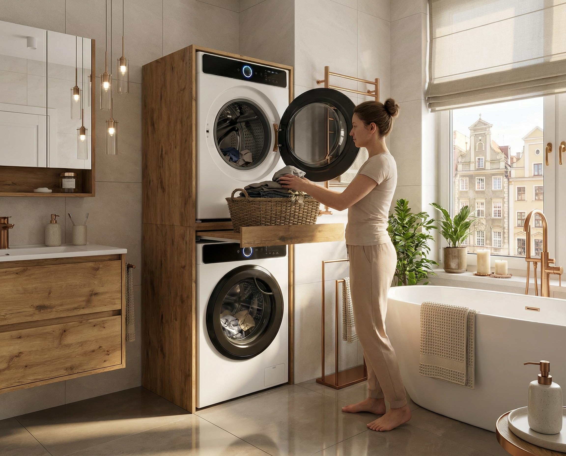CraftPAK Waschmaschinenschrank für Waschmaschine & Trockner | Platzsparender Waschturm mit ausziehbarer Arbeitsfläche | Schrank für Badezimmer und Hauswirtschaftsraum mit Stauraum