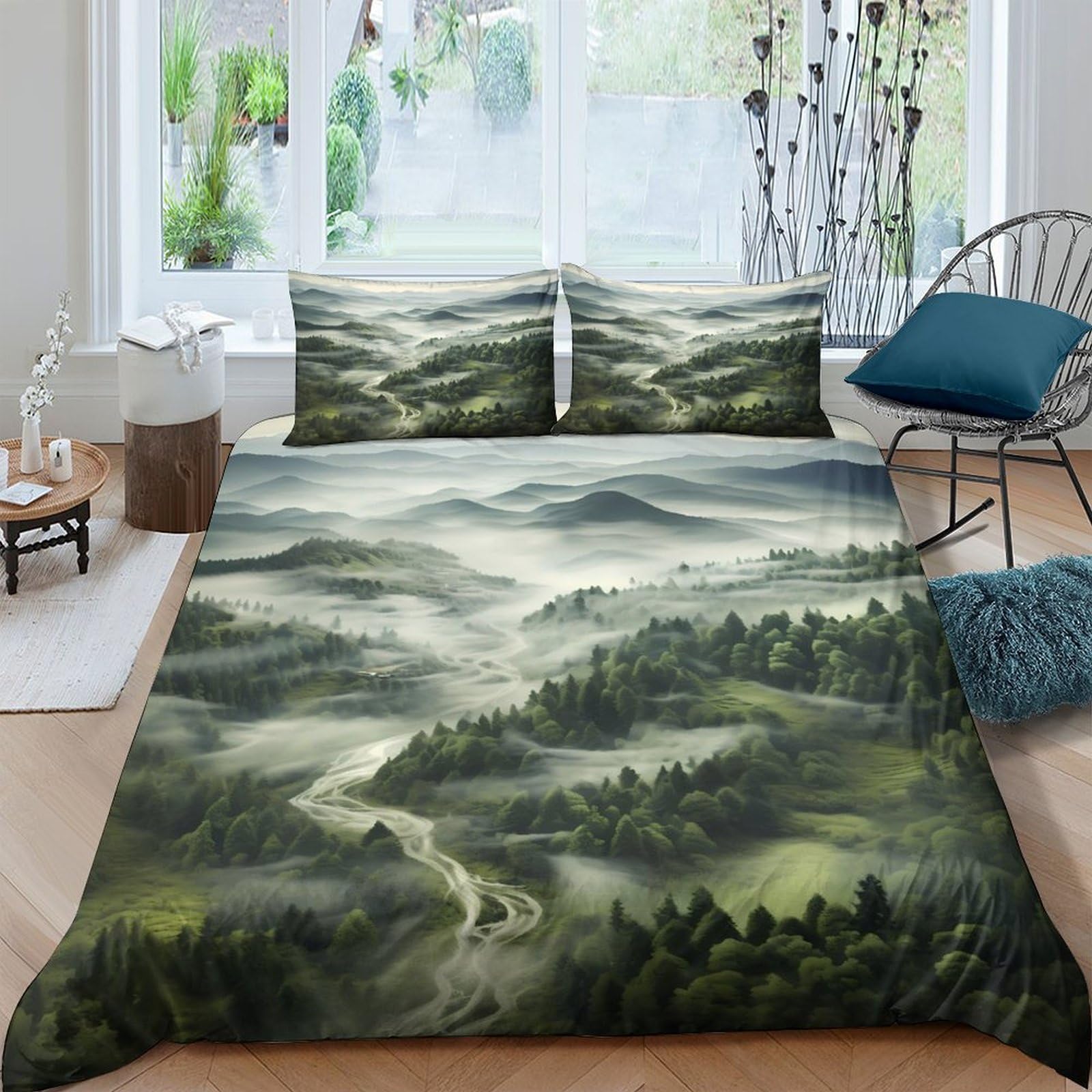 Ctjqhvkz Style-1 3D Printed Misty Forest Fitted Sheet Microfiber Soft Breathable Mountain Path Bed Cover For Bedroom Decor Single（135X200cm）