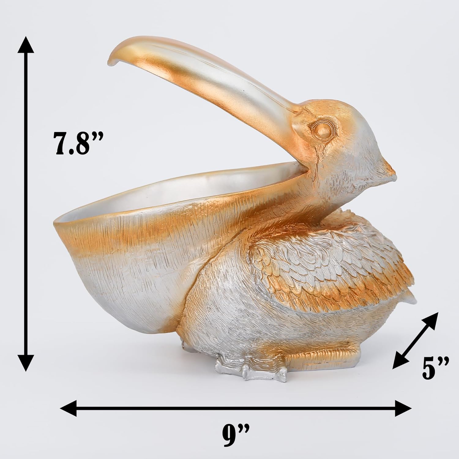 Pelican Statue Table Decoration Gift for Home & Office, Creative Resin Pelican Sculpture Storage Basket Holder Bowl Ornament for Keys & Candy, Silver 7.8" H