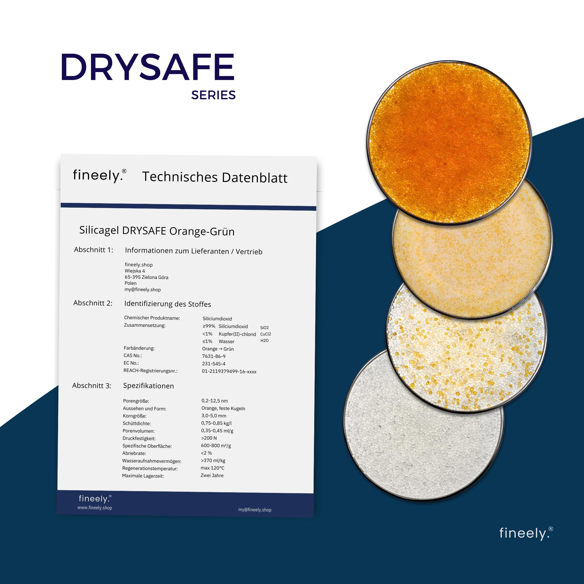 DRYSAFE Silica Gel 2 kg – Trockenmittel 2–5 mm mit Feuchtigkeitsindikator | Für 3D-Druck Filamente, Elektronik & Lebensmittel | Geruchsneutral | Luftdichter Doypack-Beutel