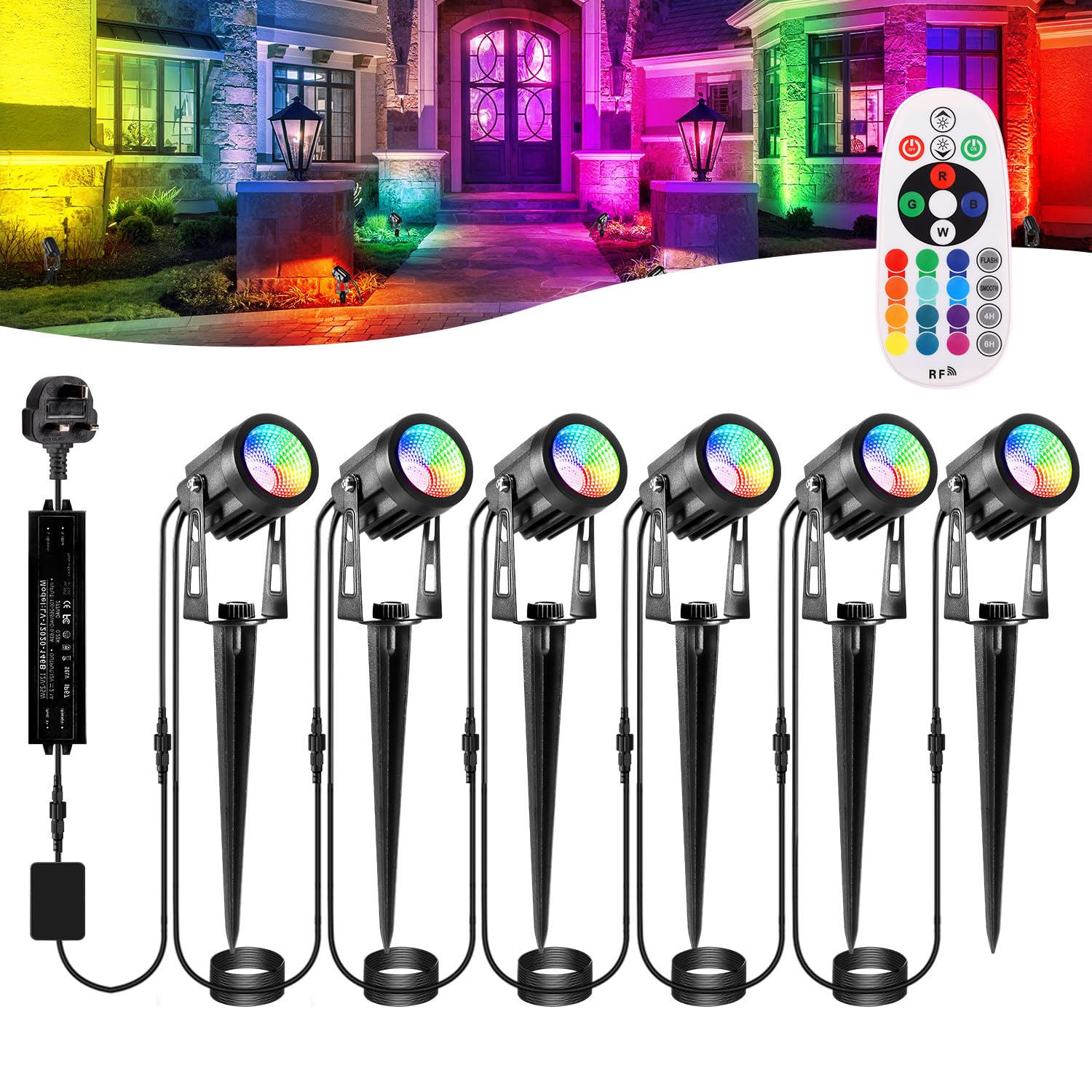 Garden Spike Lights: Color Changing Garden Lights Mains Powered Waterproof, RGB Outdoor Spotlight Plug-in Outdoor Spotlights, 12V Timer Memory Remote for Wall Yard Landscape Christmas