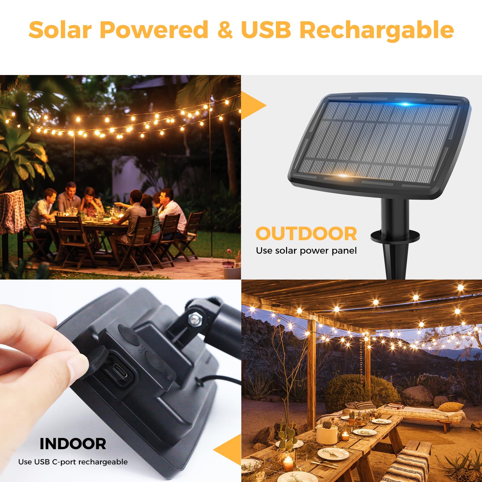 Catena Luminosa Esterno Solare 36.5M/120FT, 5 Modalità con 50+3 LED G40 Luci Esterno Energia Solare, USB Ricaricabile Impermeabile Luci Solari Esterno Giardino per Feste Patio Cortile Terrazzo