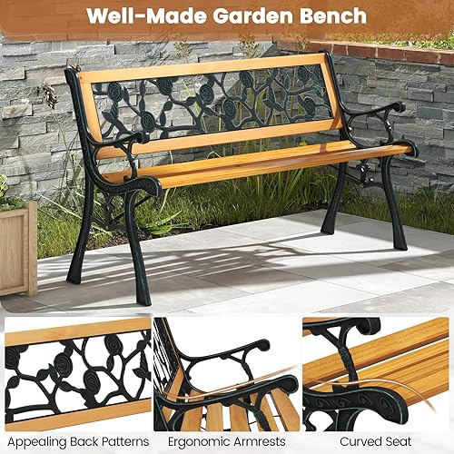 Miniatura 7 de Tangkula Banco de jardín para exteriores, silla de banco de hierro con estructura de hierro fundido y madera dura, sofá biplaza a prueba de clima,