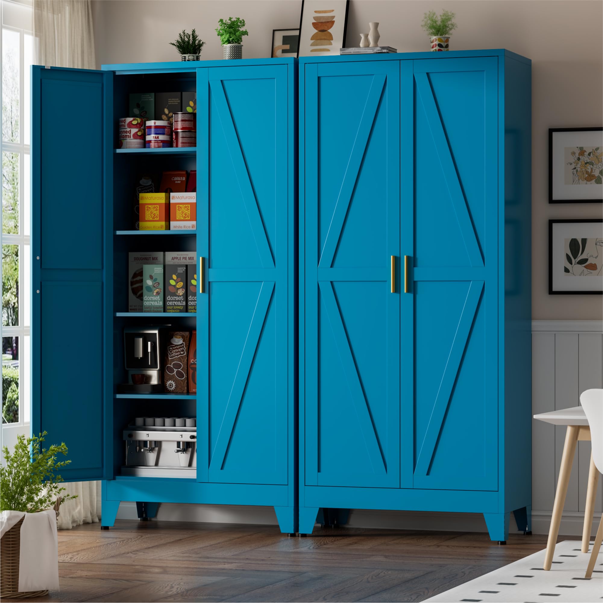 XIOMIOHTRQ Metal Kitchen Pantry Cabinet,71" Tall Blue Pantry Cabinet with 2 Doors and 4 Adjustable Shelves, Farmhouse Storage Freestanding Cupboard