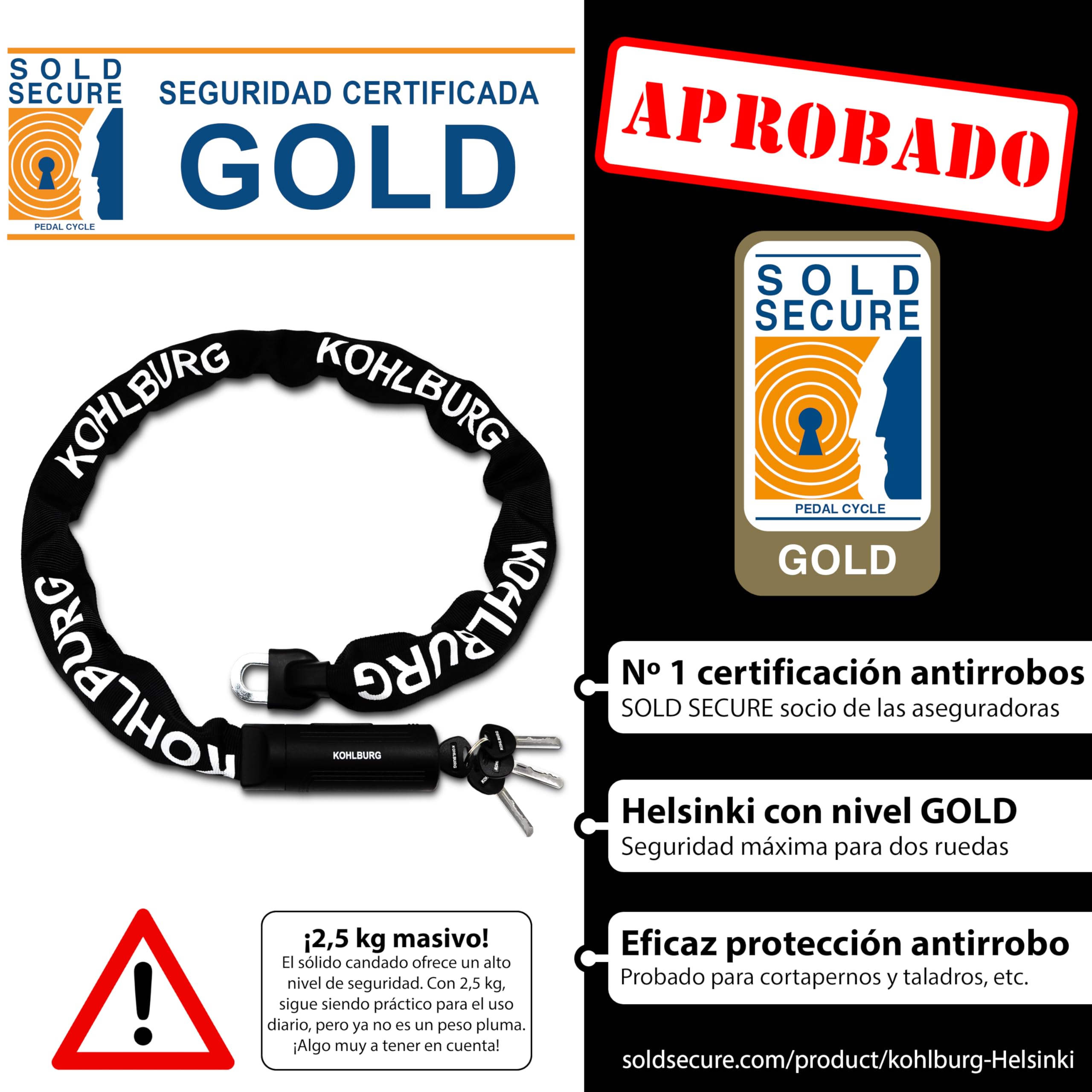 KOHLBURG antirrobo de cadena de seguridad – Cadena de 125 cm con eslabones cuadrados de 8,3 mm, acero especial endurecido – candado seguro con 4 llaves, apto para bicicletas eléctricas, bicis y motos
