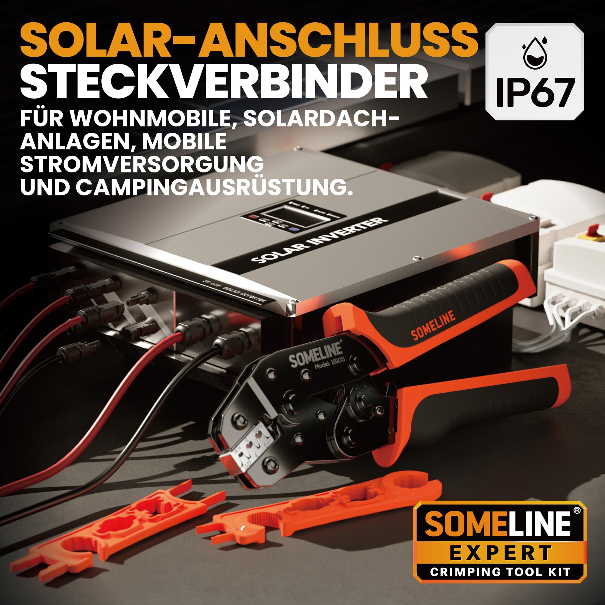 SOMELINE Solarstecker Crimpzange Set für 2.5/4/6mm² Solarkabel, 12 Paar Male Female Solarpanel Kabelstecker,1 Paar Solarstecker Schlüssel, Abisolierzange, PV Stecker Werkzeug, Solar Crimpzange