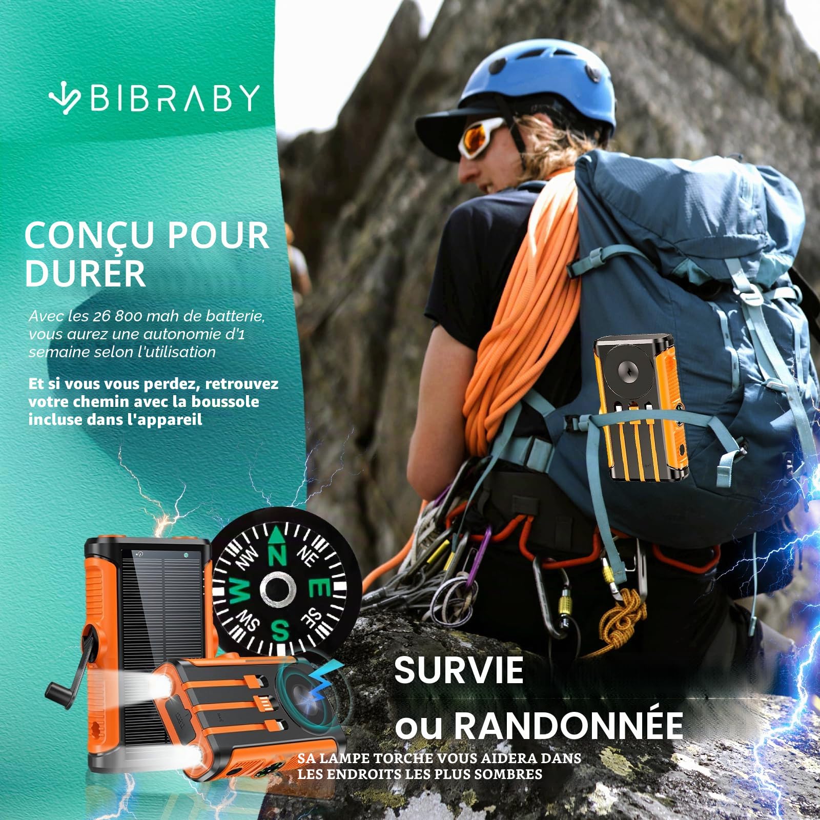 Super Power Bank solaire sans fil 3 en 1 de 26 800 mAh + manivelle pour recharge d'urgence + 5 ports de charge rapide 22,5 W Chargeur solaire portable Batterie solaire portable