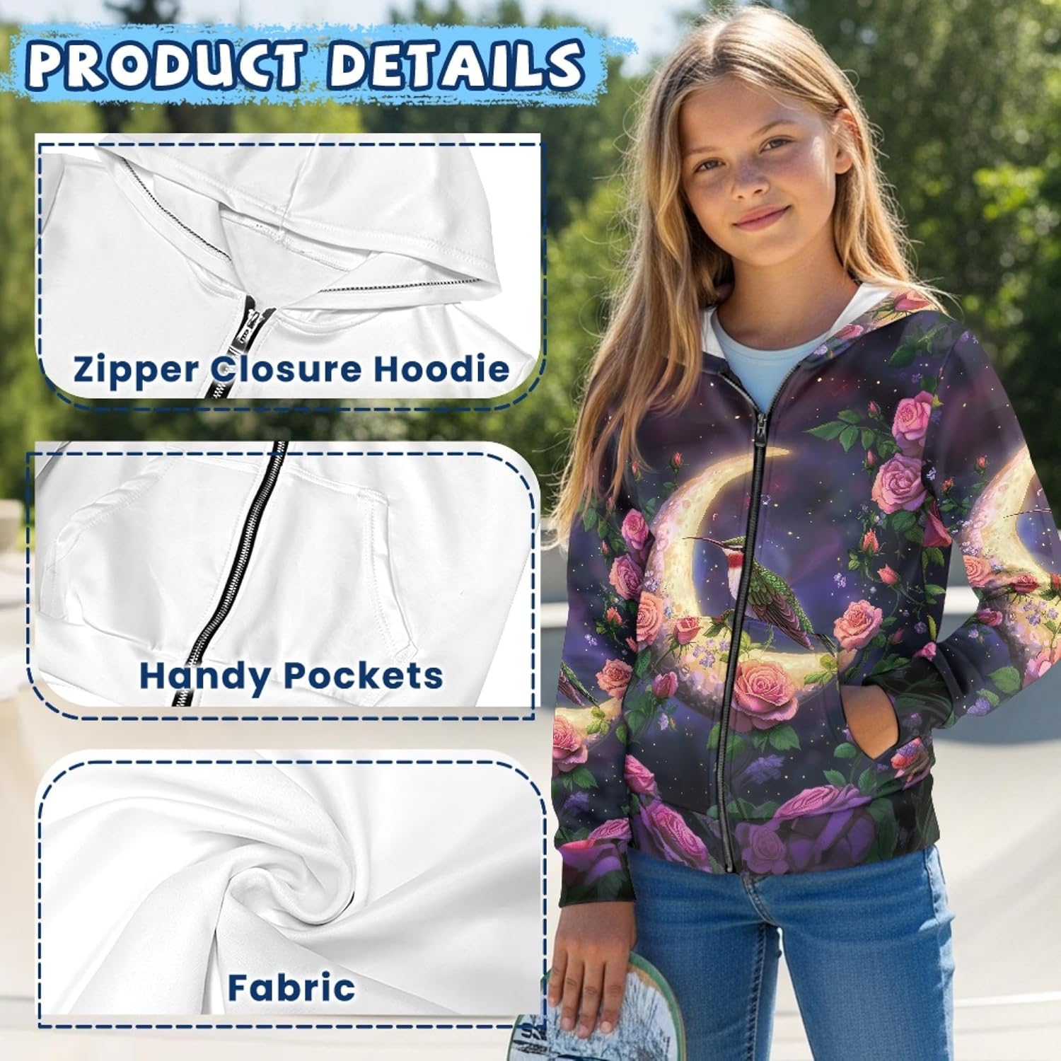 AmzPrint Big Toddler Girls Zip Up Hoodies Long Sleeve Funny Oversized Back To School Graphic Hoodies For Toddler Girls