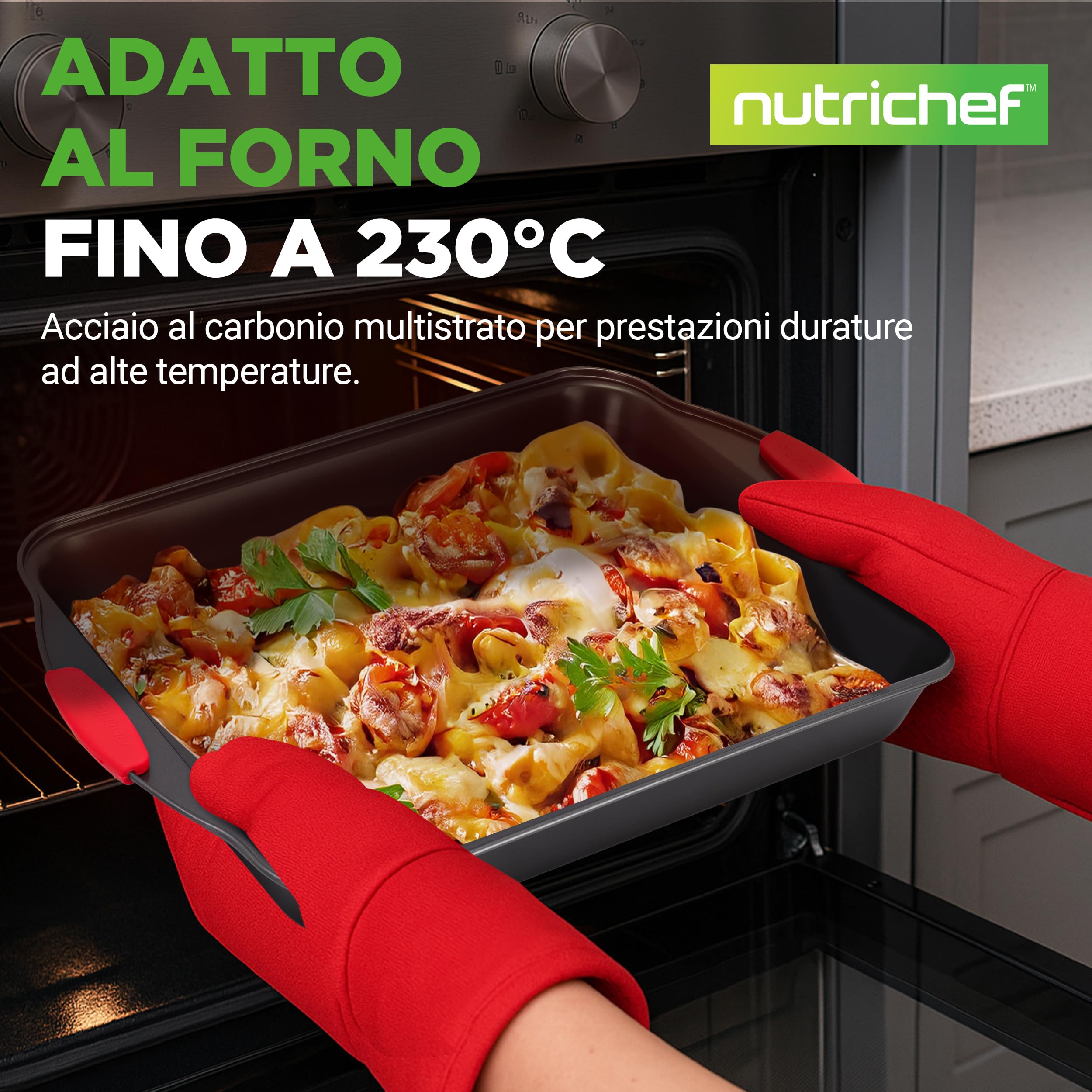 NutriChef Set da 8 Teglie da Forno con Manici in Silicone Rosso, Teglie Forno Antiaderenti in Metallo Professionale, Rivestimento Grigio Interno ed Esterno