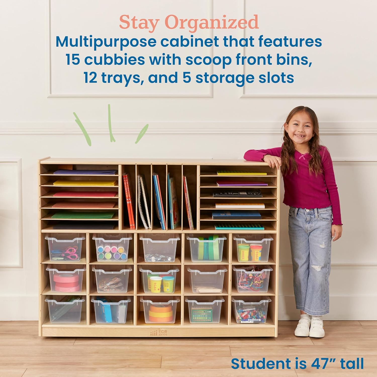 ECR4Kids Multi-Section Mobile Cabinet with Scoop Front Storage Bins, Natural, Classroom Furniture, Clear, 16-Piece