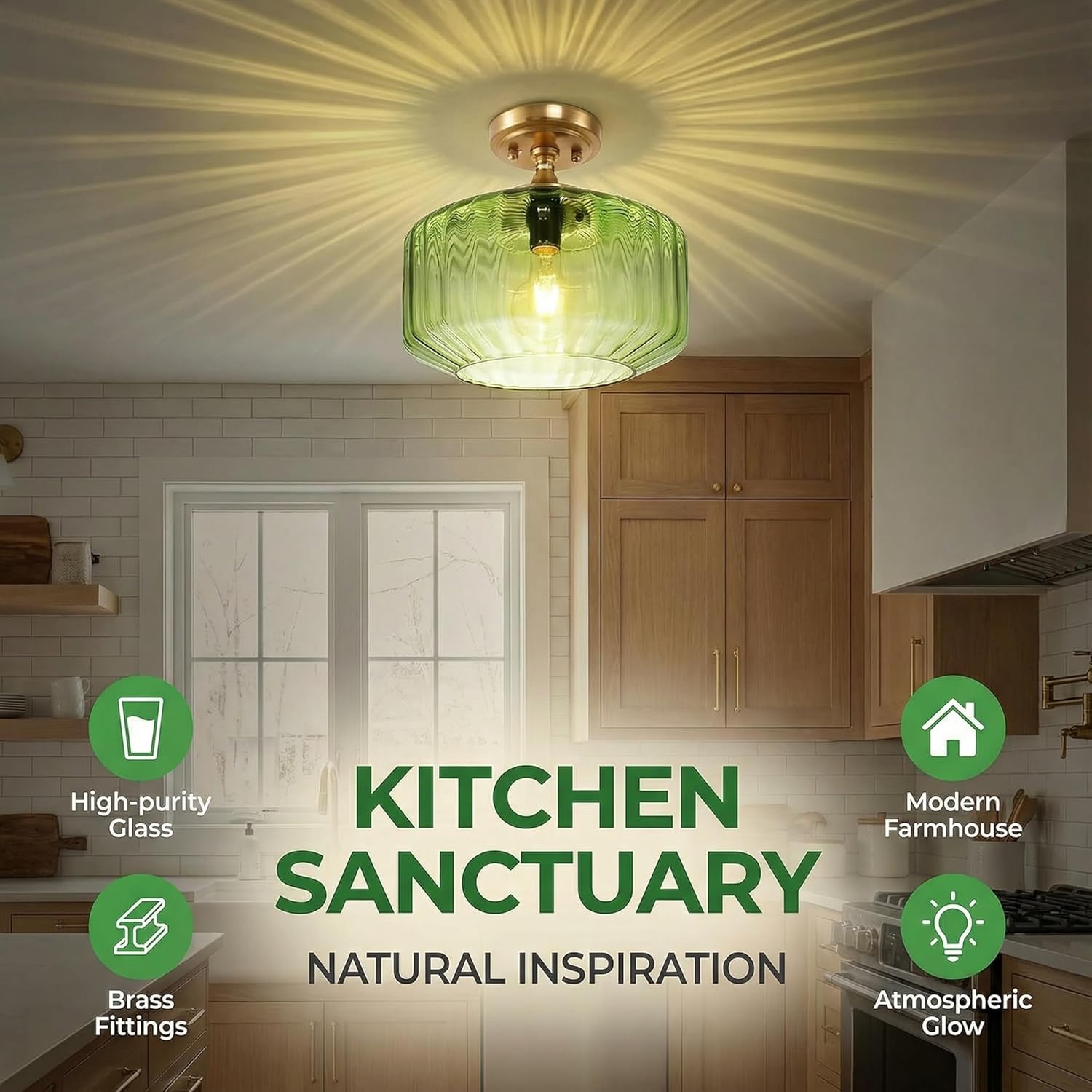 11 Inch Flush Mount Ceiling Light, Glass Ceiling Light Fixture with Green Striped Glass, Ceiling Light for Kitchen, Dining Room, Breakfast Nook, Coffee Bar