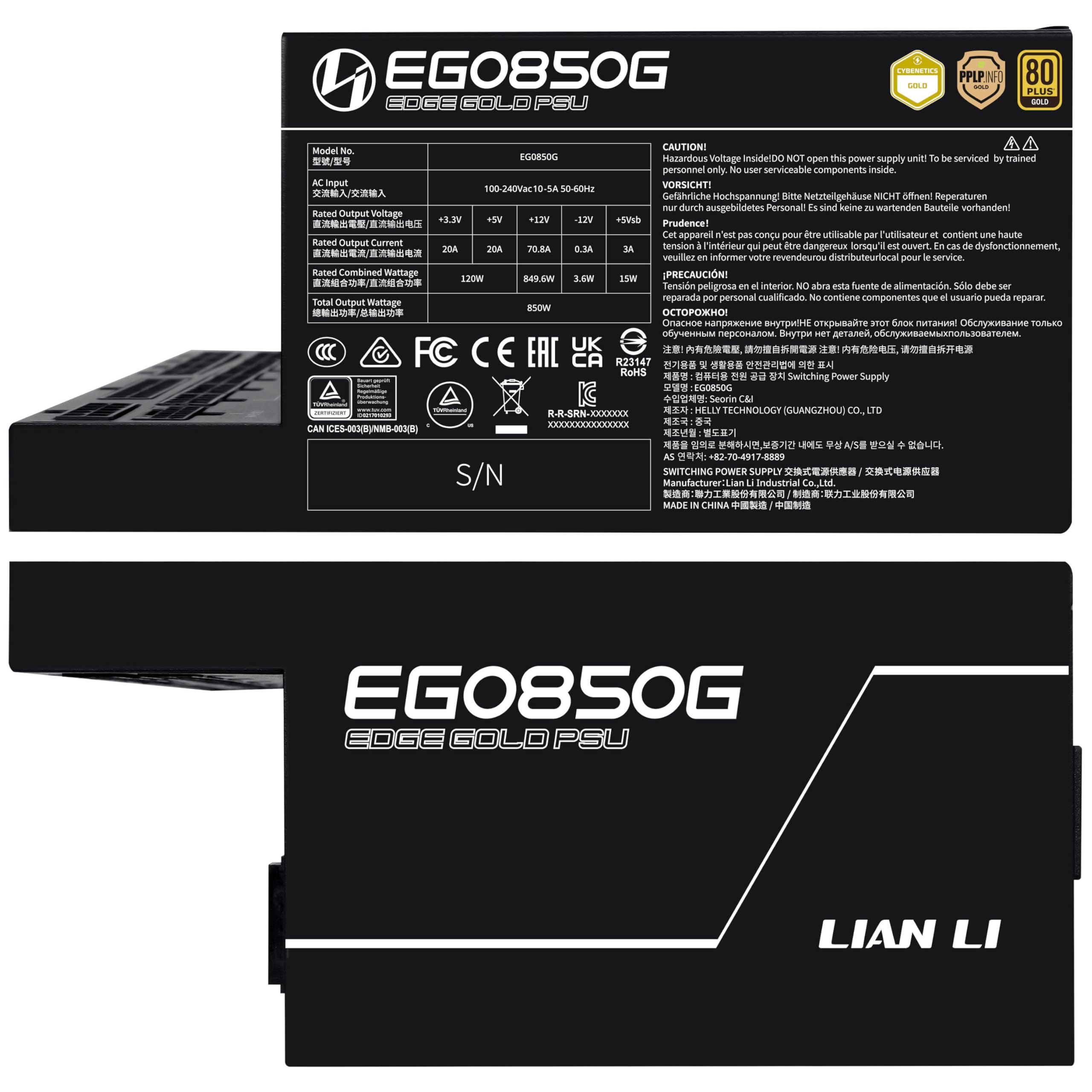 Lian Li Edge Gold 850 PC Netzteil Schwarz, 850 Watt ATX Netzteil, PCIe 5.1, ATX 3.1 PSU | 80 Plus Gold, modular, Sleeved Cable Kit, 12VHPWR für NVIDIA RTX, leiser Lüfter