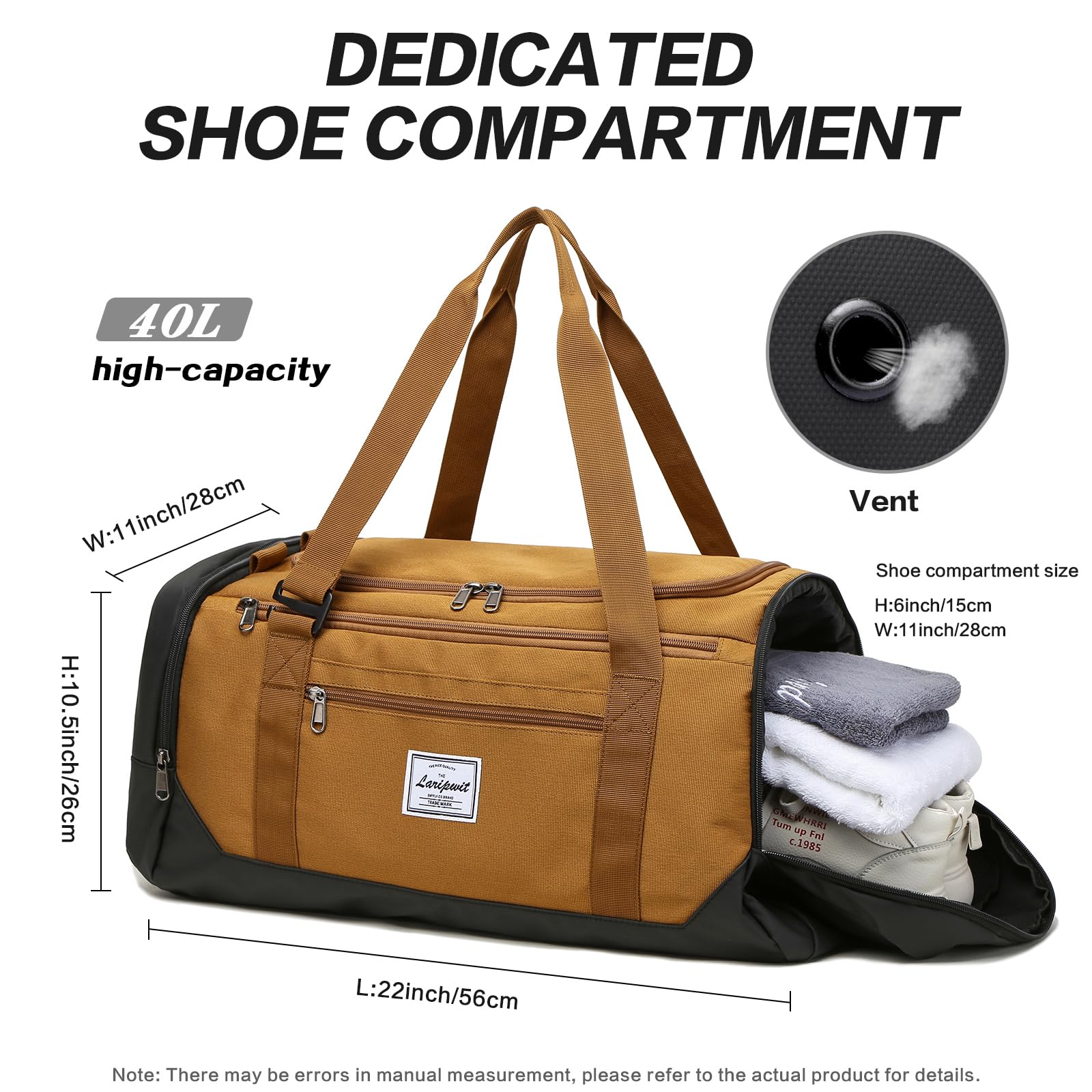 Laripwit Sac de Voyage Homme 40L Sac de Sport Femme Moyen Sac Voyage Weekend Nuit avec Compartiment de Chaussures et Poche Humide pour Camping Adventure, Marron
