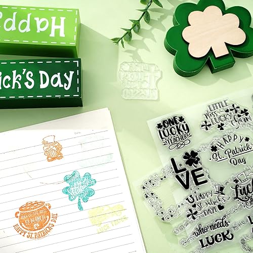 Miniatura 5 de Whaline 5 hojas de sellos transparentes para el día de San Patricio, corona, trébol, palabras de la suerte, sellos transparentes de silicona, sellos