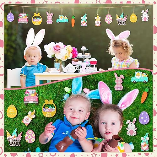 Miniatura 7 de 36 adornos de madera de Pascua con recortes de árbol de Pascua, huevos de madera, gnomo, conejo, zanahoria, cesta de zanahoria, adornos colgantes de