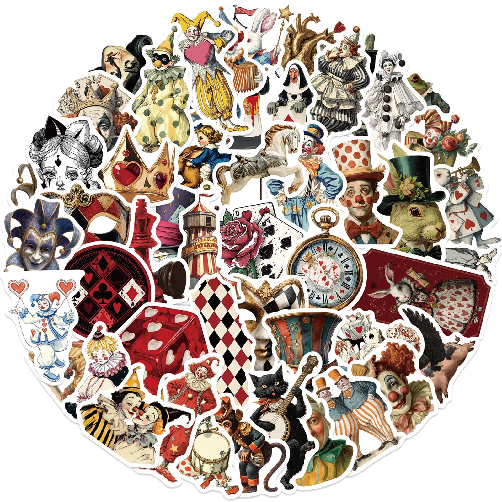 50pcs Retro Circus Stickers,Weird Circus Sticker Waterproof for Laptop Water Bottles Scrapbook Skateboard Guitar Funny Clown Deals Funny Witch Stickers for Kids Teens and Adults